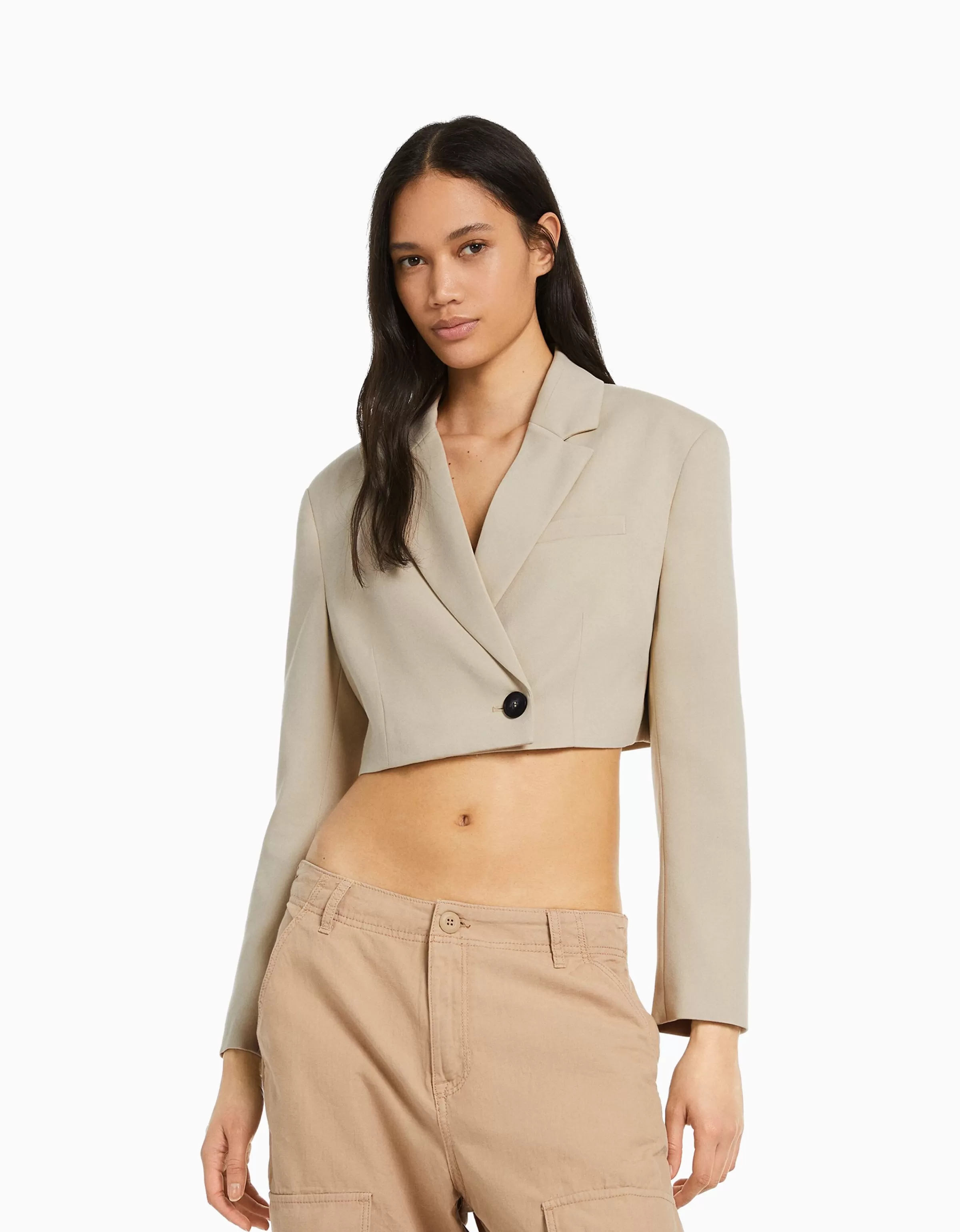 Bershka Giacca Tailleur Rosa in Sergé - Design Corto con Rifiniture Sartoriali