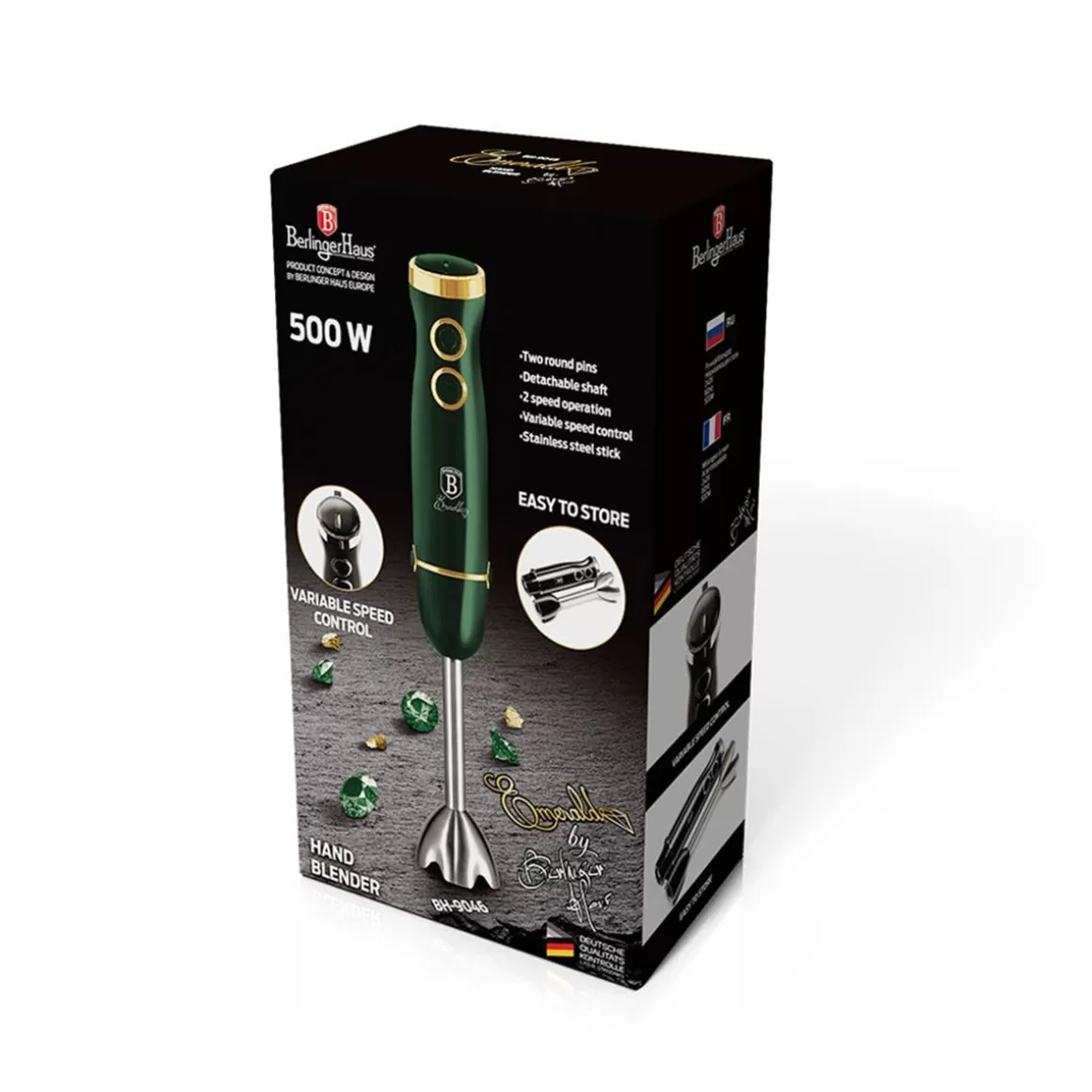 Frullatore Professionale BERLINGER HAUS Emerald 500W - Lama in Acciaio Inossidabile, Bicchiere in Vetro Antigraffio, 5 Velocità Regolabili, Funzionamento Silenzioso, Perfetto per Frullati e Zuppe Casalinghe