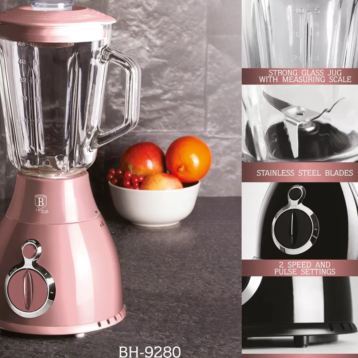 Frullatore BERLINGER HAUS Modello I-Rose con Bicchiere da 1,5 Litri - Design Moderno e Funzionale