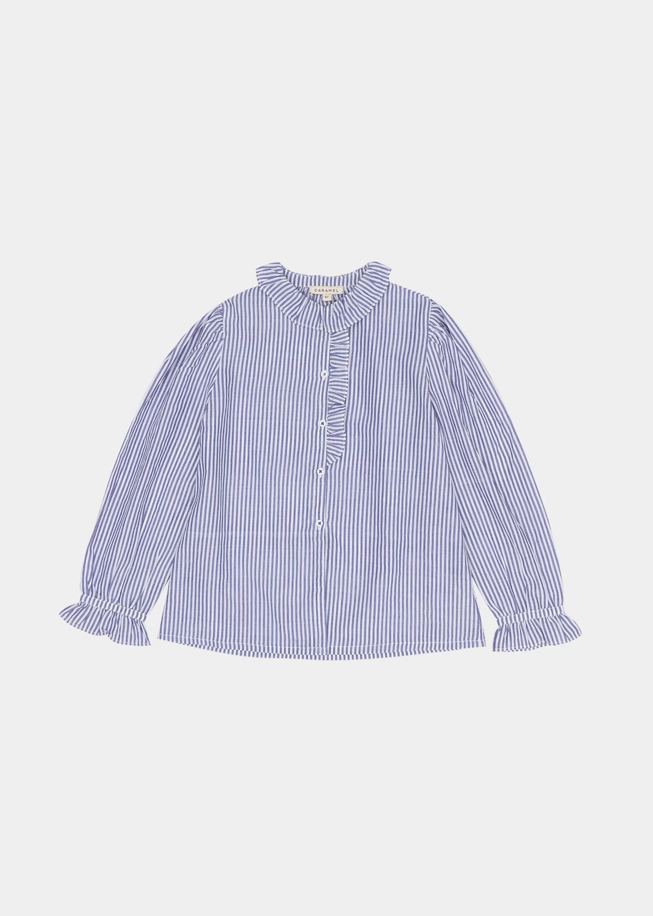 Camicia CARAMEL con volant a foglie e righe azzurre - Top primaverile in stile boho chic