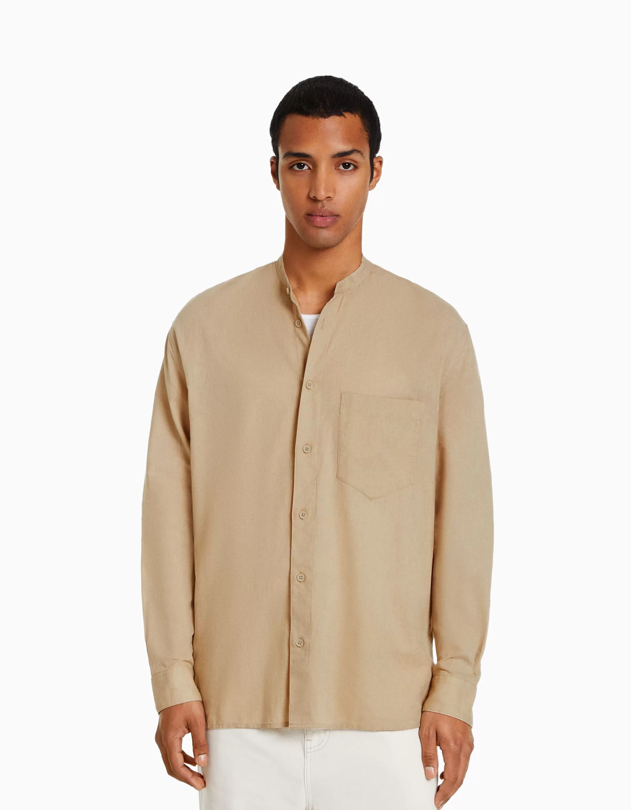 BERSHKA Camicia Essential in Lino - Modello Elegante Manica Lunga Bianco per Stilista