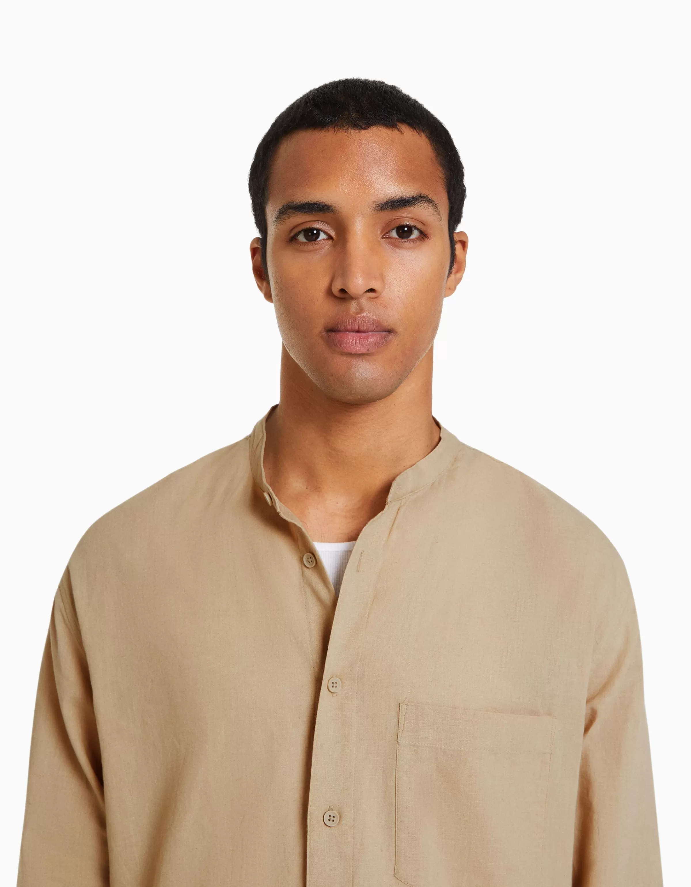 BERSHKA Camicia Essential in Lino - Modello Elegante Manica Lunga Bianco per Stilista