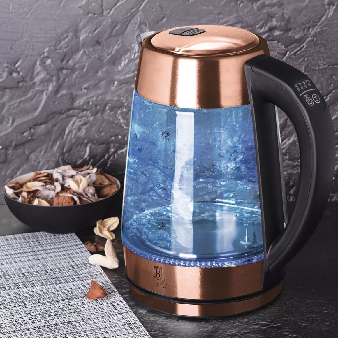 BERLINGER HAUS Bollitore Elettrico con Termostato Regolabile, Design Oro Rosa Elegante - Capacità 1,7 Litri per Infusi Perfetti