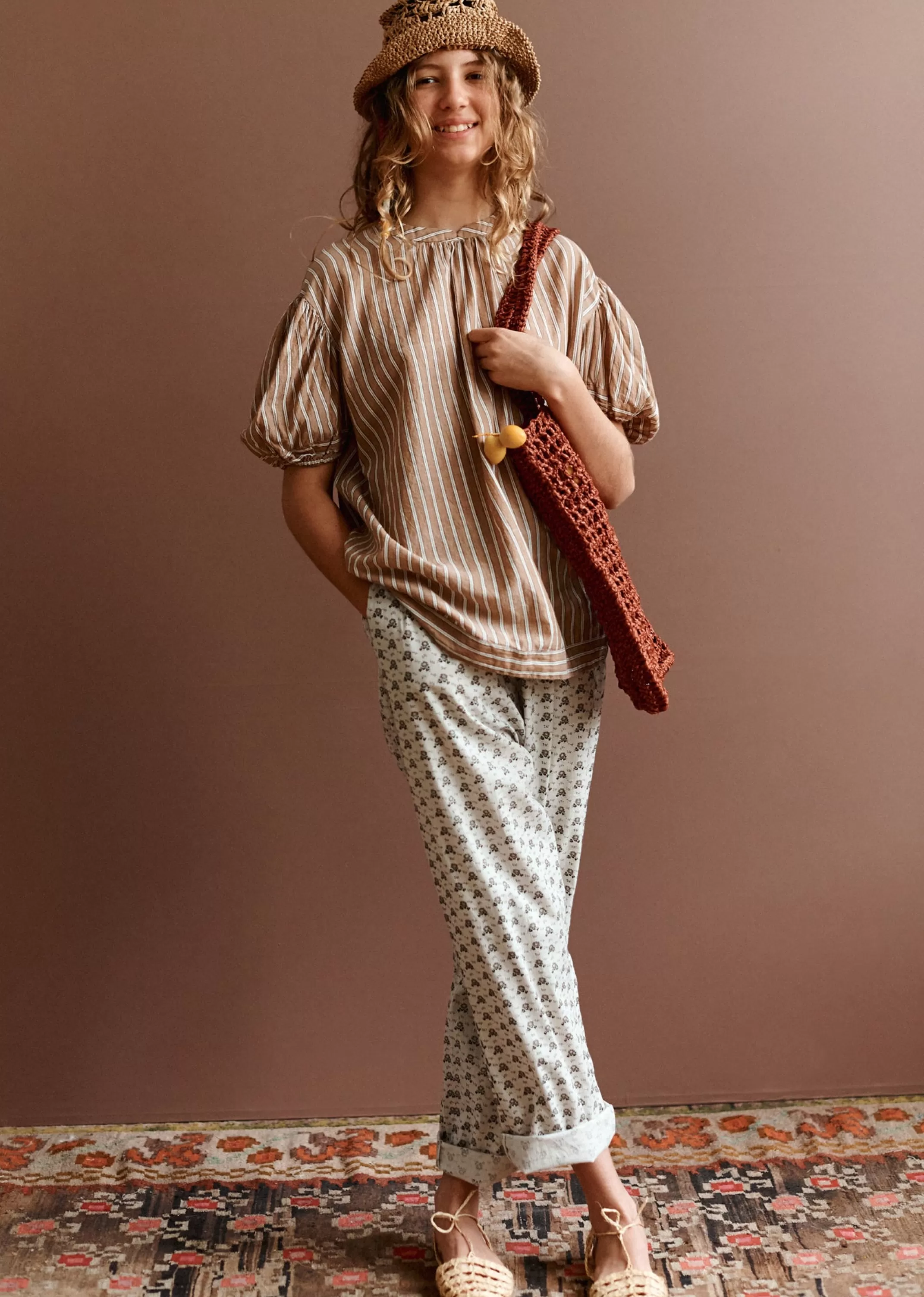 Pantaloni Eleganti CARAMEL per Giovani - Stampa Floreale con Pallini in Tinta Bacca di Sambuco