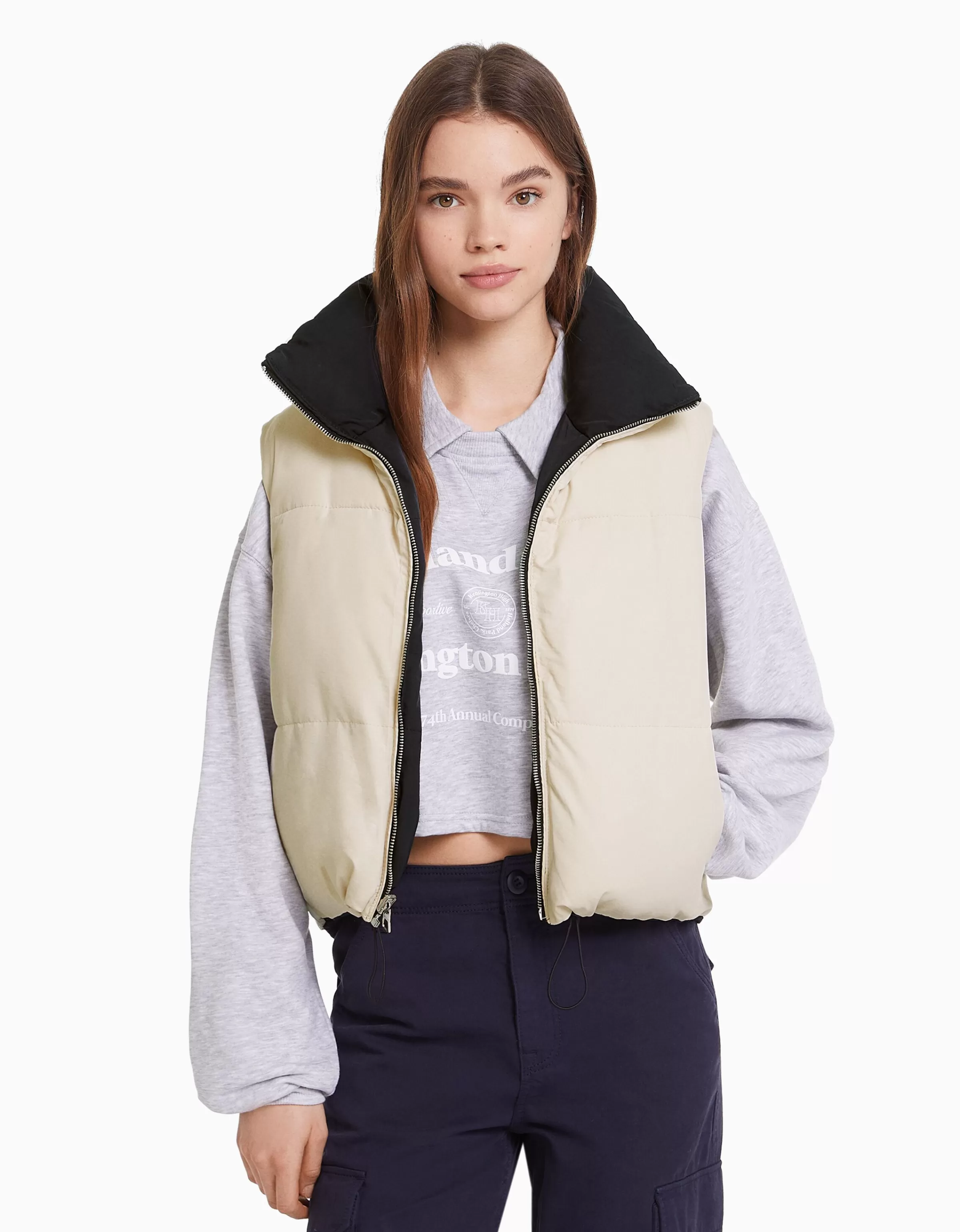 BERSHKA Teen BSK - Gilet senza maniche reversibile a vita corta in tessuto leggero, colore Granata - Moda Giovane