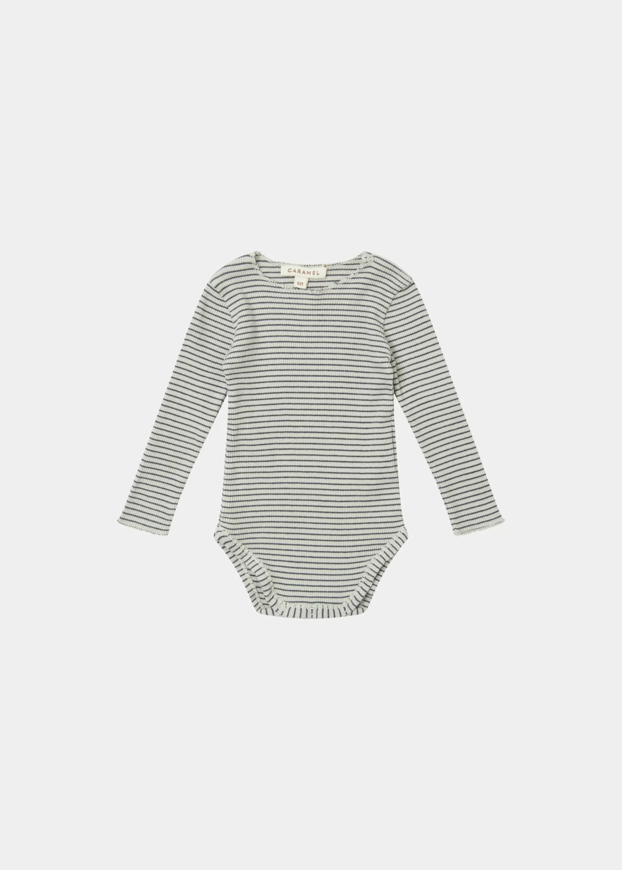 CARAMEL Hanau - Tuta Confortevole per Neonato in Righe Sabbia e Blu Marino, Design Moderno con Salopettino Integrato