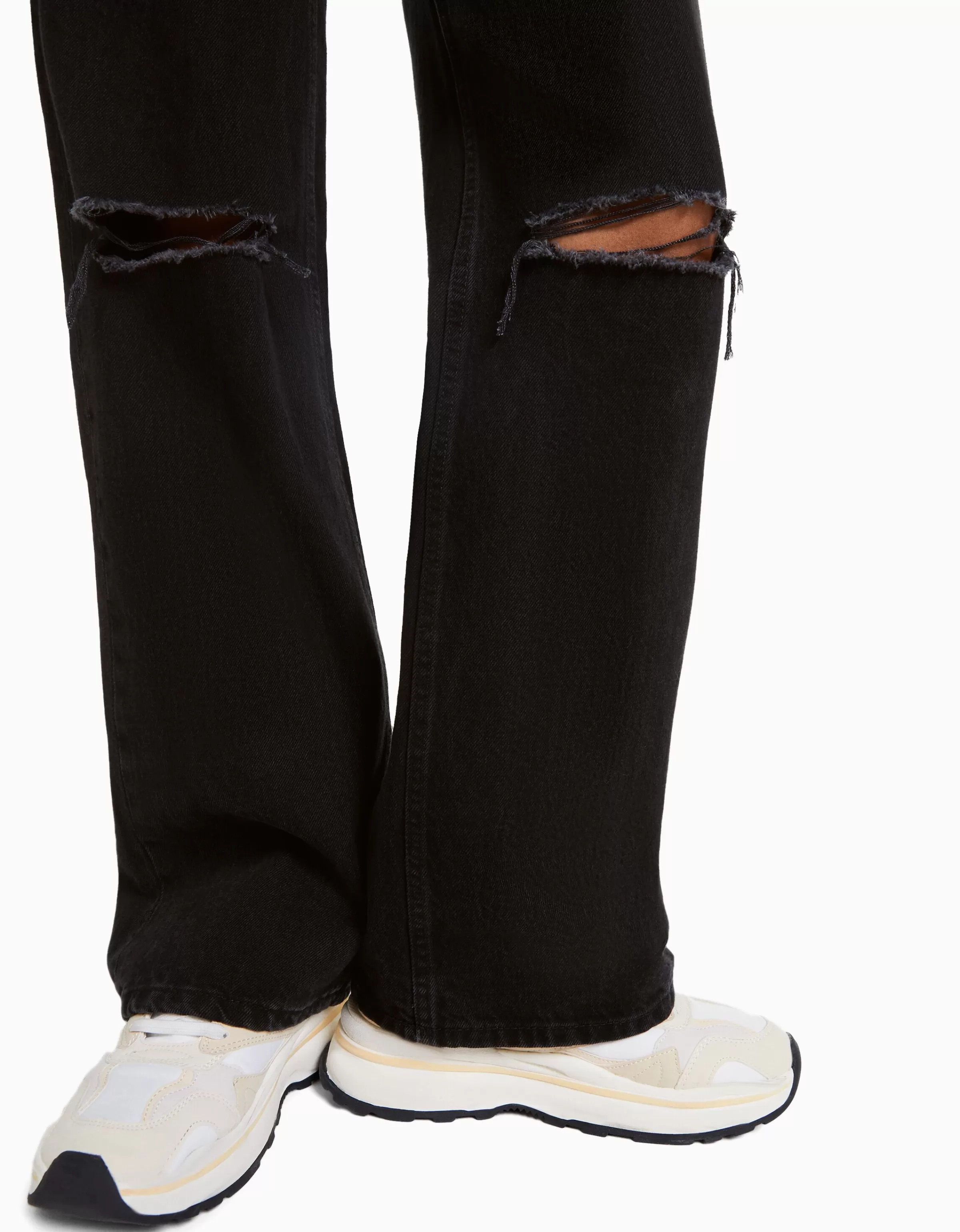 BERSHKA Denim anni 90 a gamba larga strappati - Tonalità blu vintage con tocco grunge