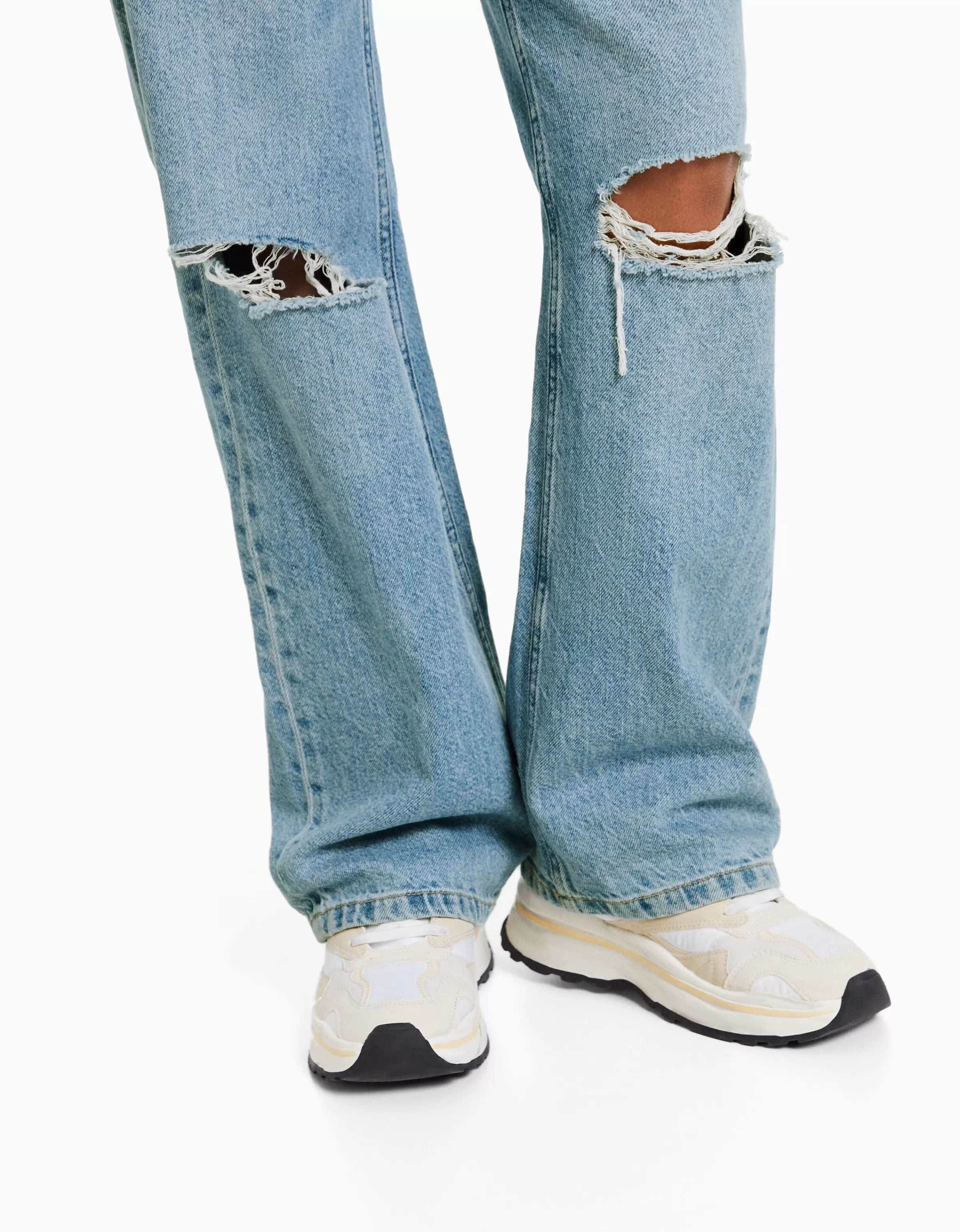 BERSHKA - Jeans anni '90 a gamba larga con strappi in tonalità blu denim