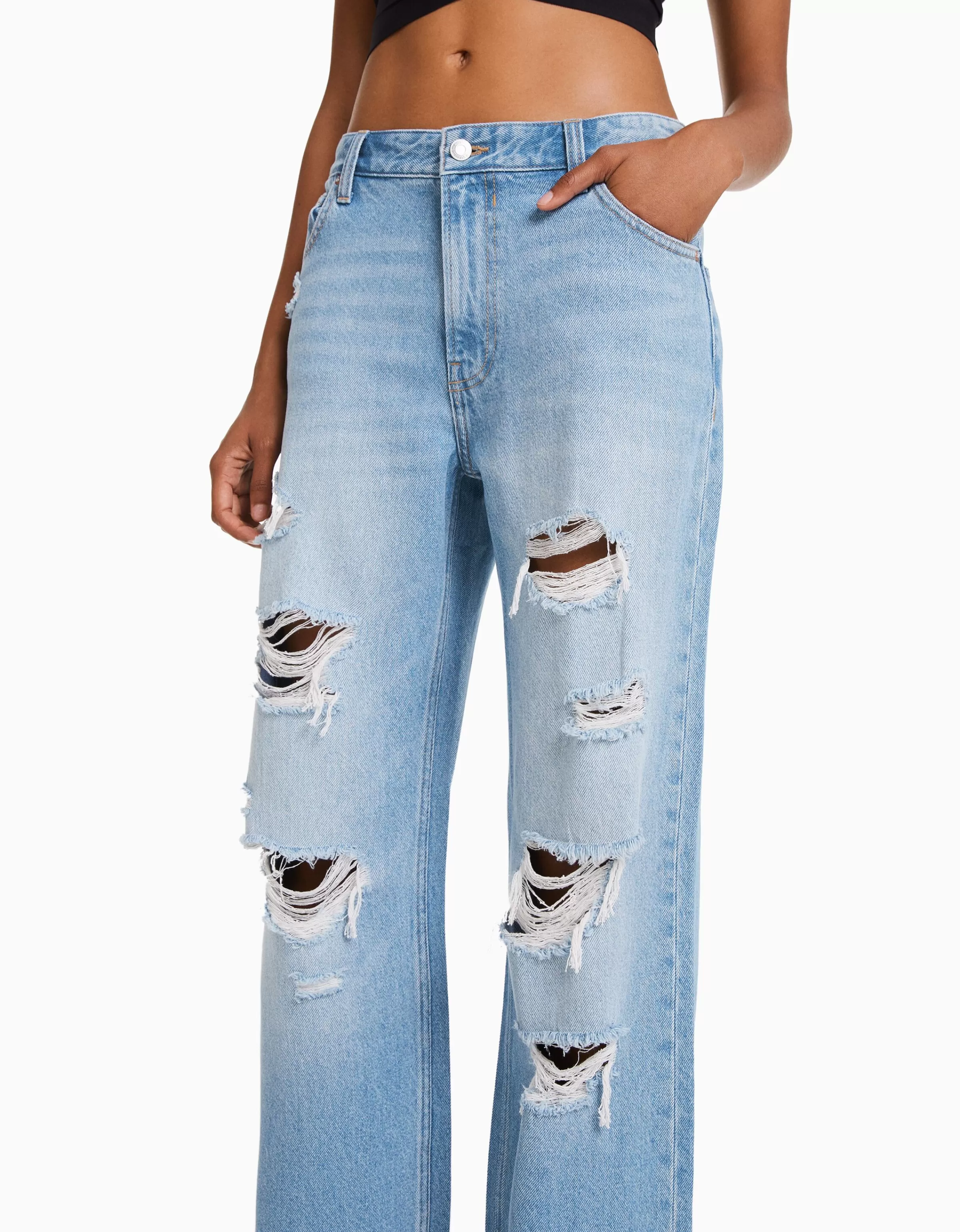 BERSHKA Jeans Strappati Vintage Anni '90 - Gamba Larga con Effetto Lavaggio Sbiadito Blu
