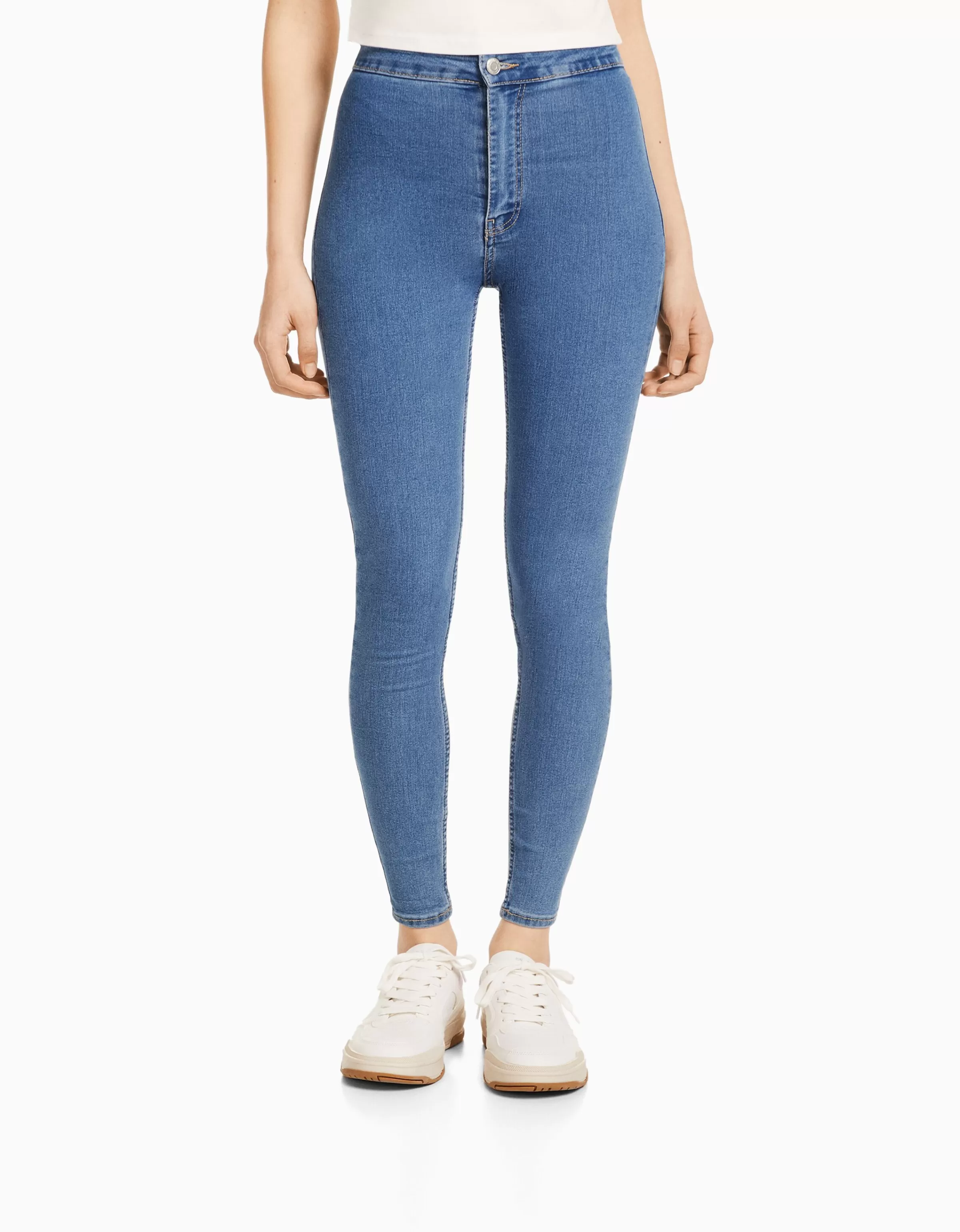 Jeans Donna BERSHKA Vita Altissima - Jeggings Modellanti con Coulisse in Denim Lavato, Blu Scuro Sfumato

（，