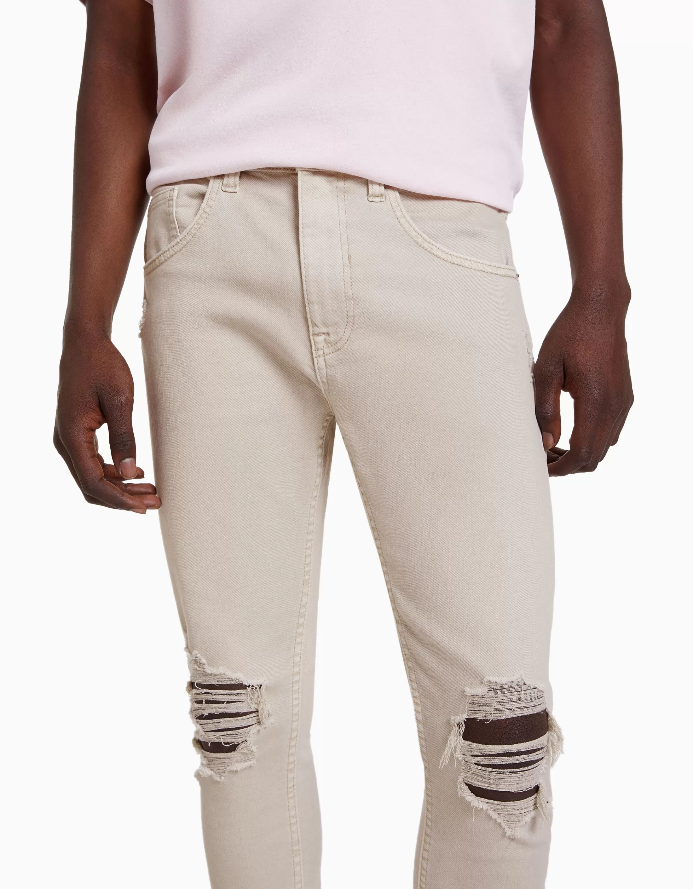 BERSHKA Pantaloni in denim ultra aderente con strappi - Modello destroy in tinta bianca lavato