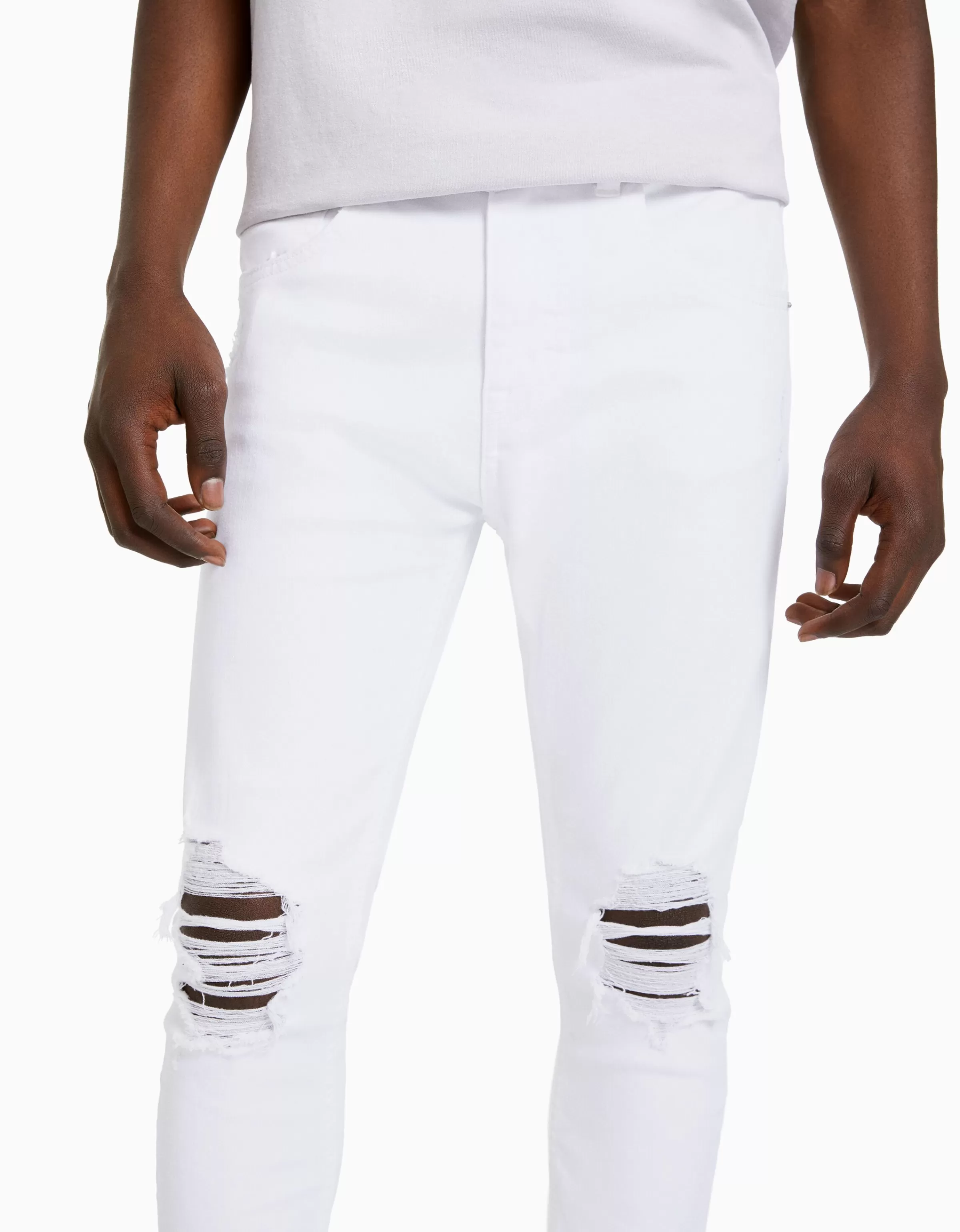 BERSHKA® Jeans Donna Ultra Aderenti con Strappi Chic - Bianco Lavato Effetto Vintage