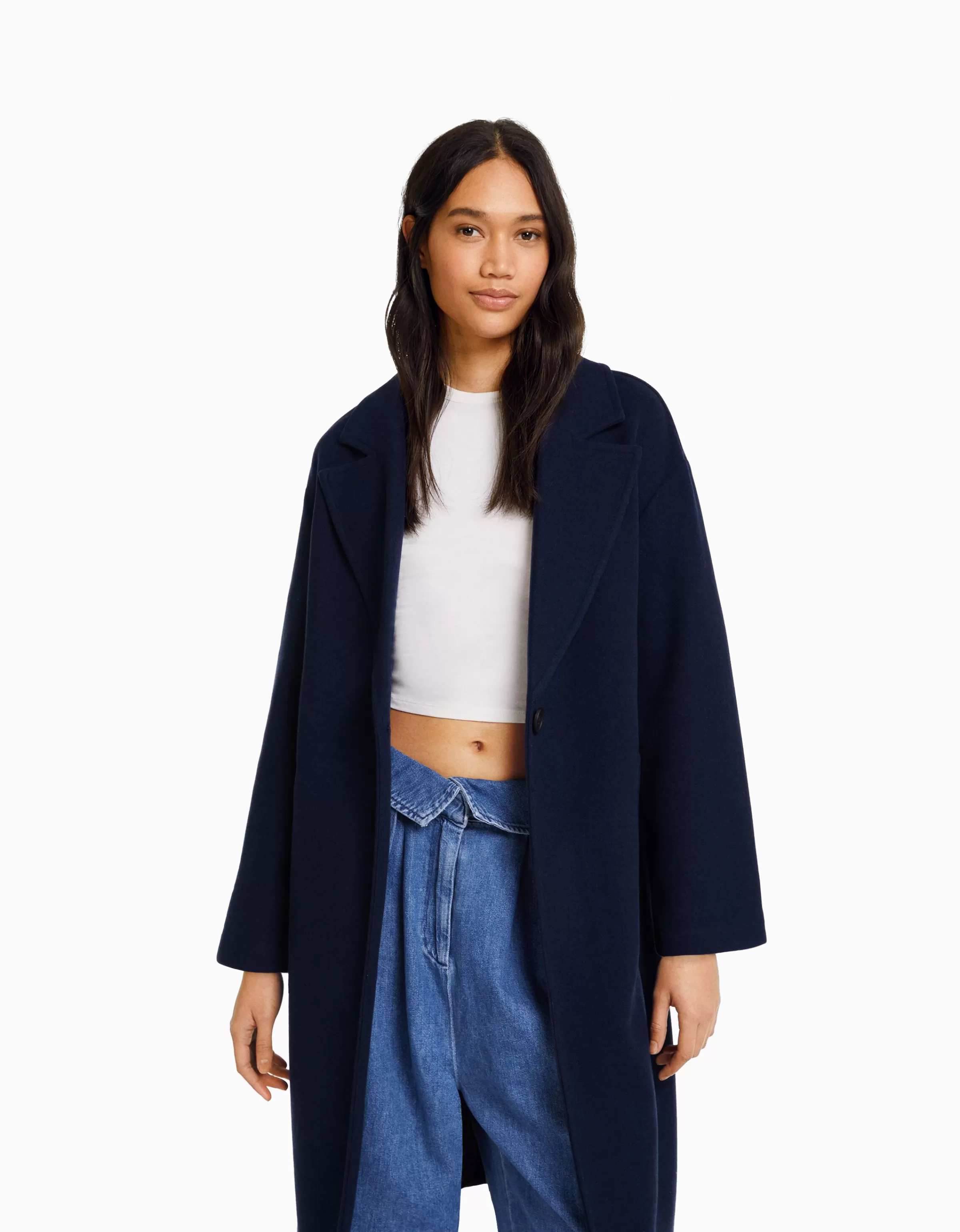 BERSHKA | Trench & Cappotti Invernali - Cappotto Oversize in Lana Mista con Spalle Cadenti, Tono Sabbia - Morbido e Avvolgente