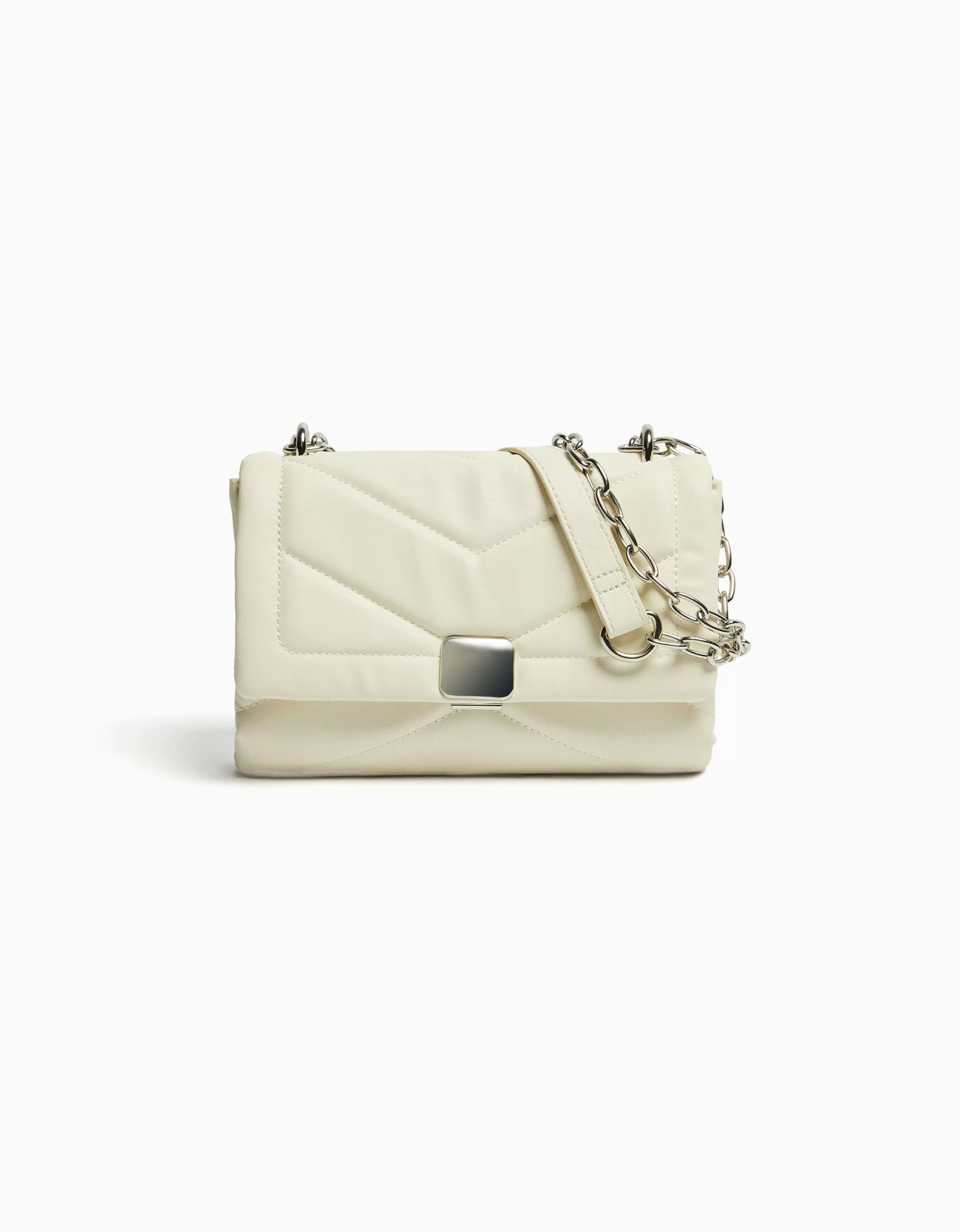 BERSHKA - Elegante mini borsa a tracolla imbottita in bianco con catena decorativa
