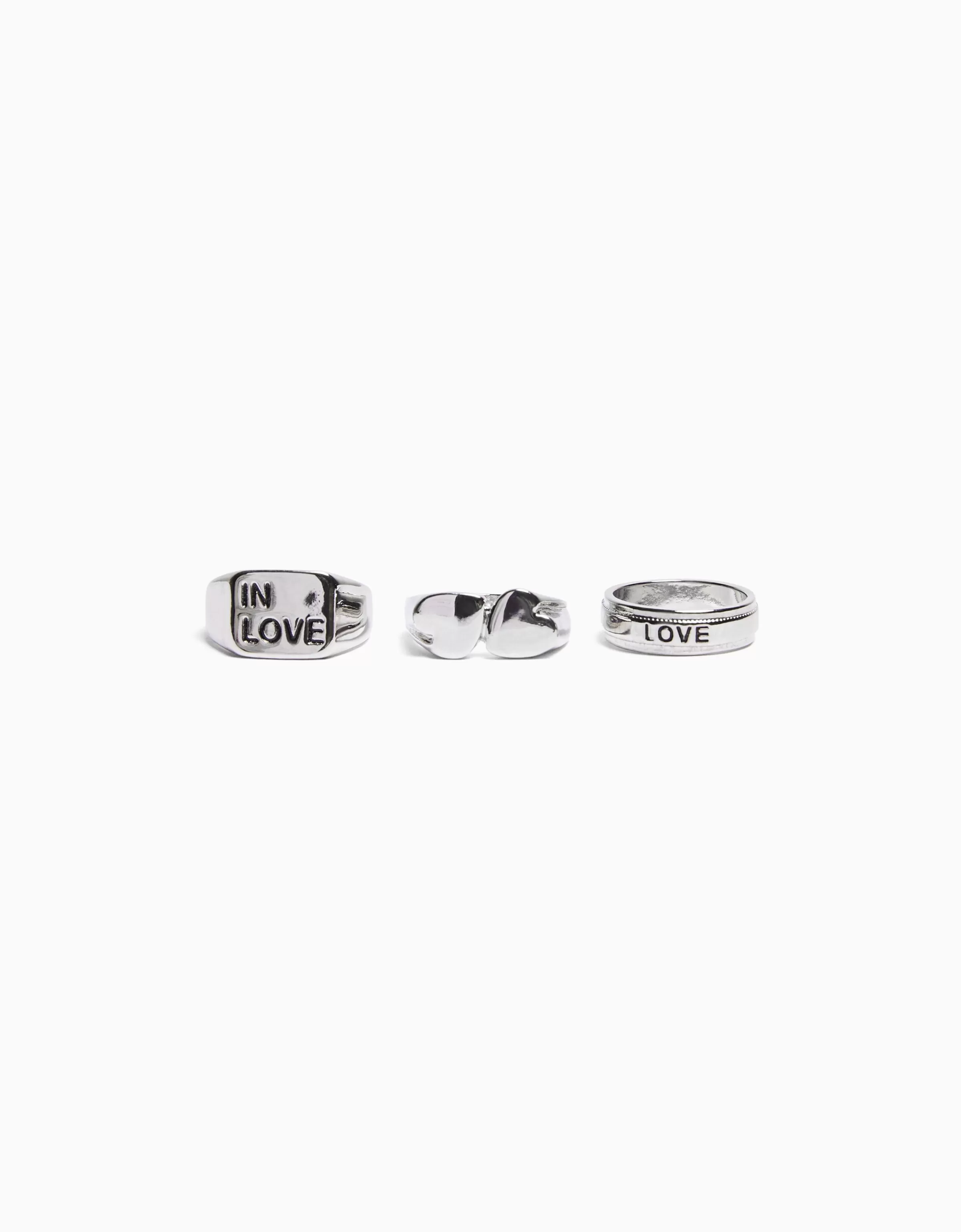 BERSHKA - Set Amore Unico con 3 Anelli a Cuore in Argento Sterling