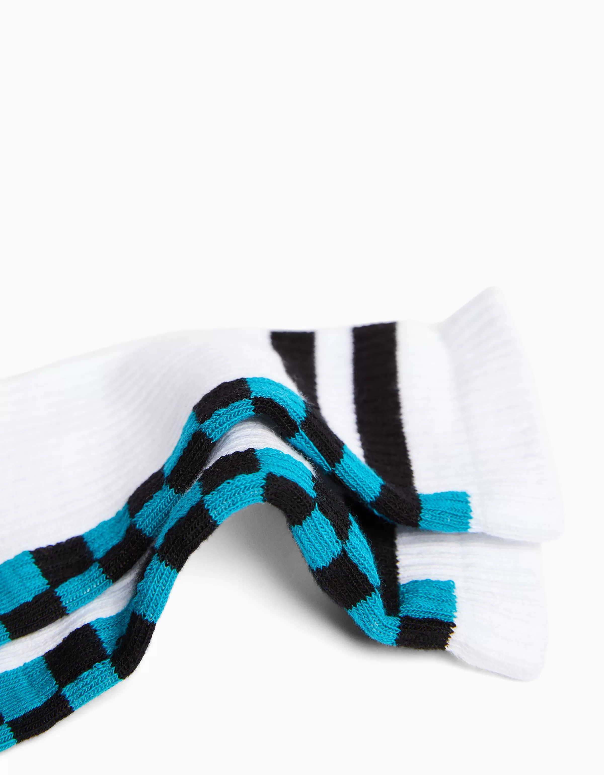 BERSHKA - Calzini Unisex Comodi Confezione da 3 Paia - Stampa Scacchi Bianco Essential
