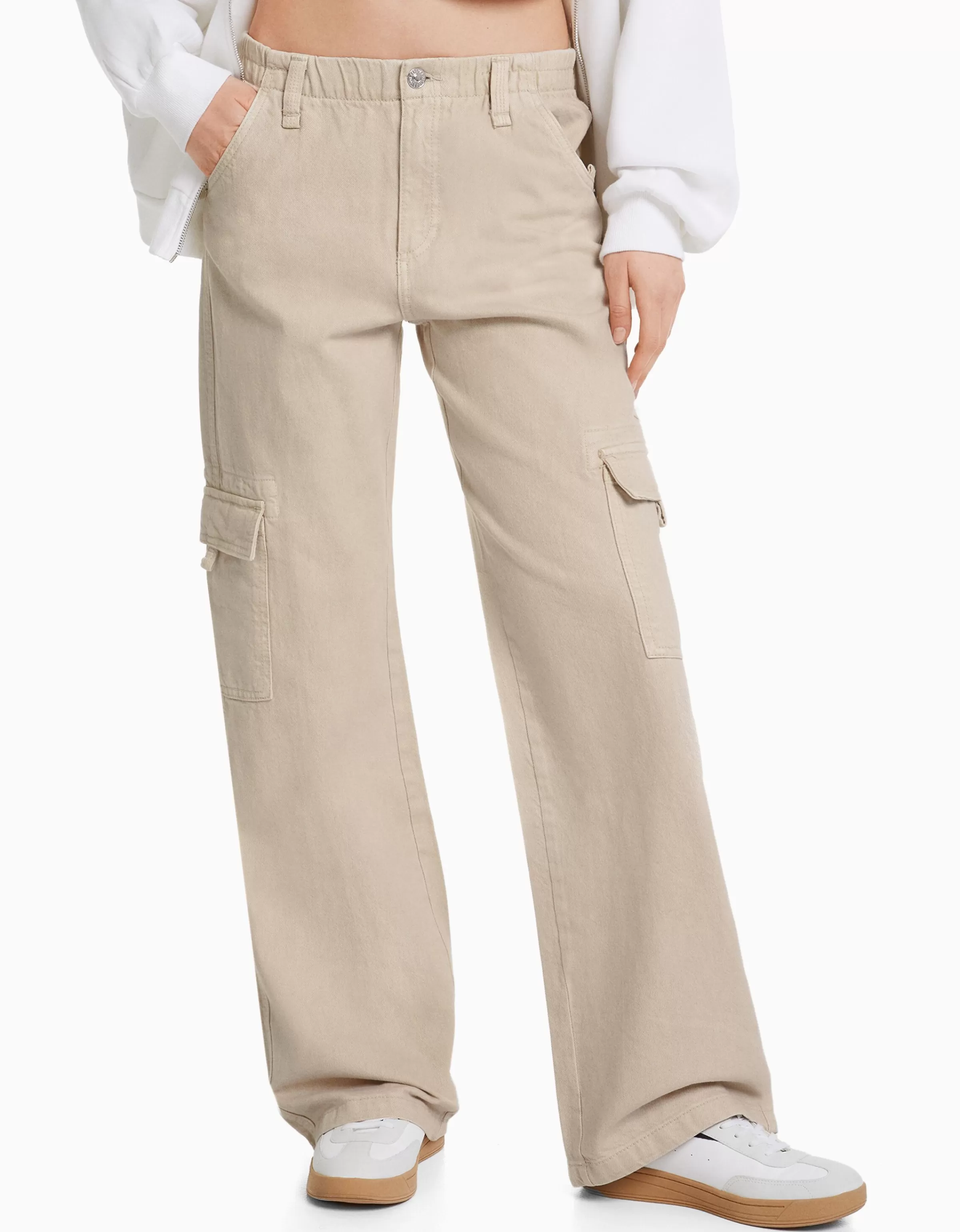 BERSHKA Jeans Teen Cargo Dritti in Twill con Vita Elastica Regolabile - Tonalità Celeste Perfetti per Look Urbani

（：，，、、（