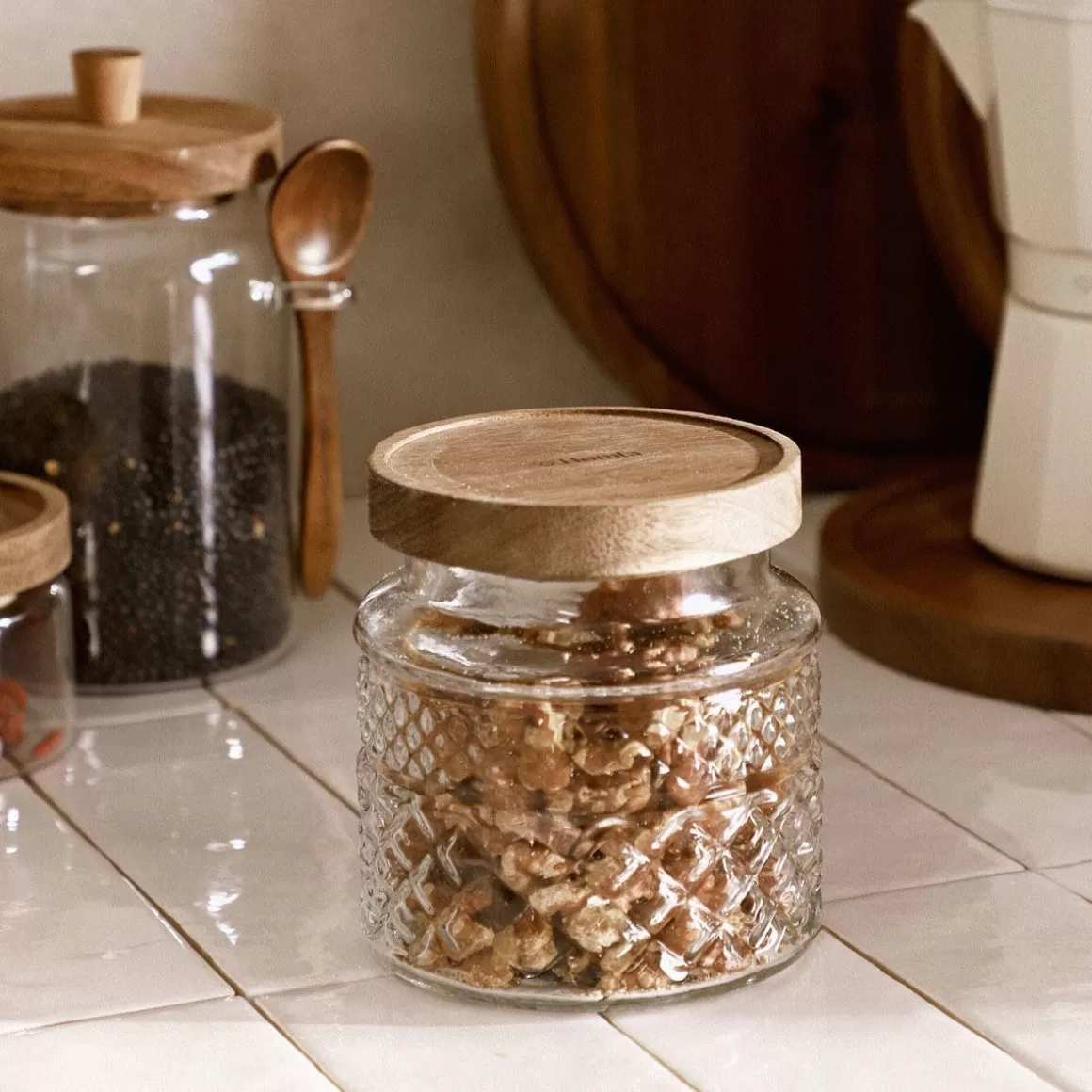 HOMLA Contenitore Moderno Moladri con Coperchio in Legno d'Acacia - Design Naturale da 600 ml per Cucina