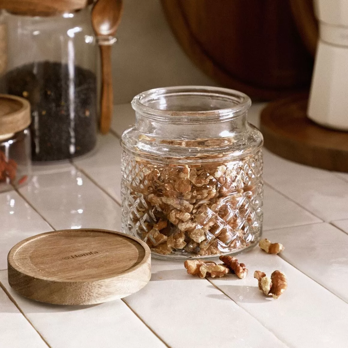 HOMLA Contenitore Moderno Moladri con Coperchio in Legno d'Acacia - Design Naturale da 600 ml per Cucina
