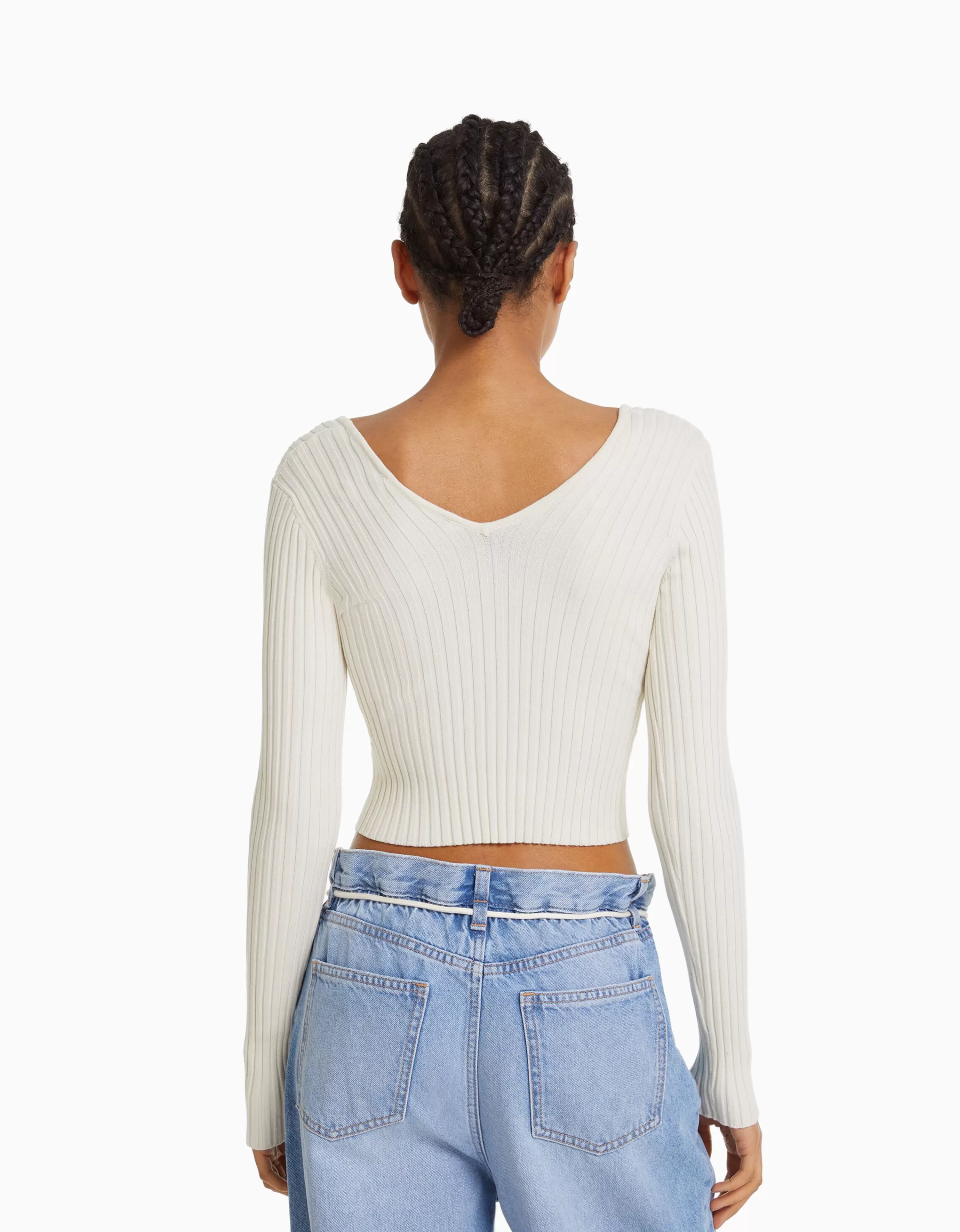BERSHKA - Maglione con scollo a V e motivo a coste in arancione, perfetto per un look casual chic