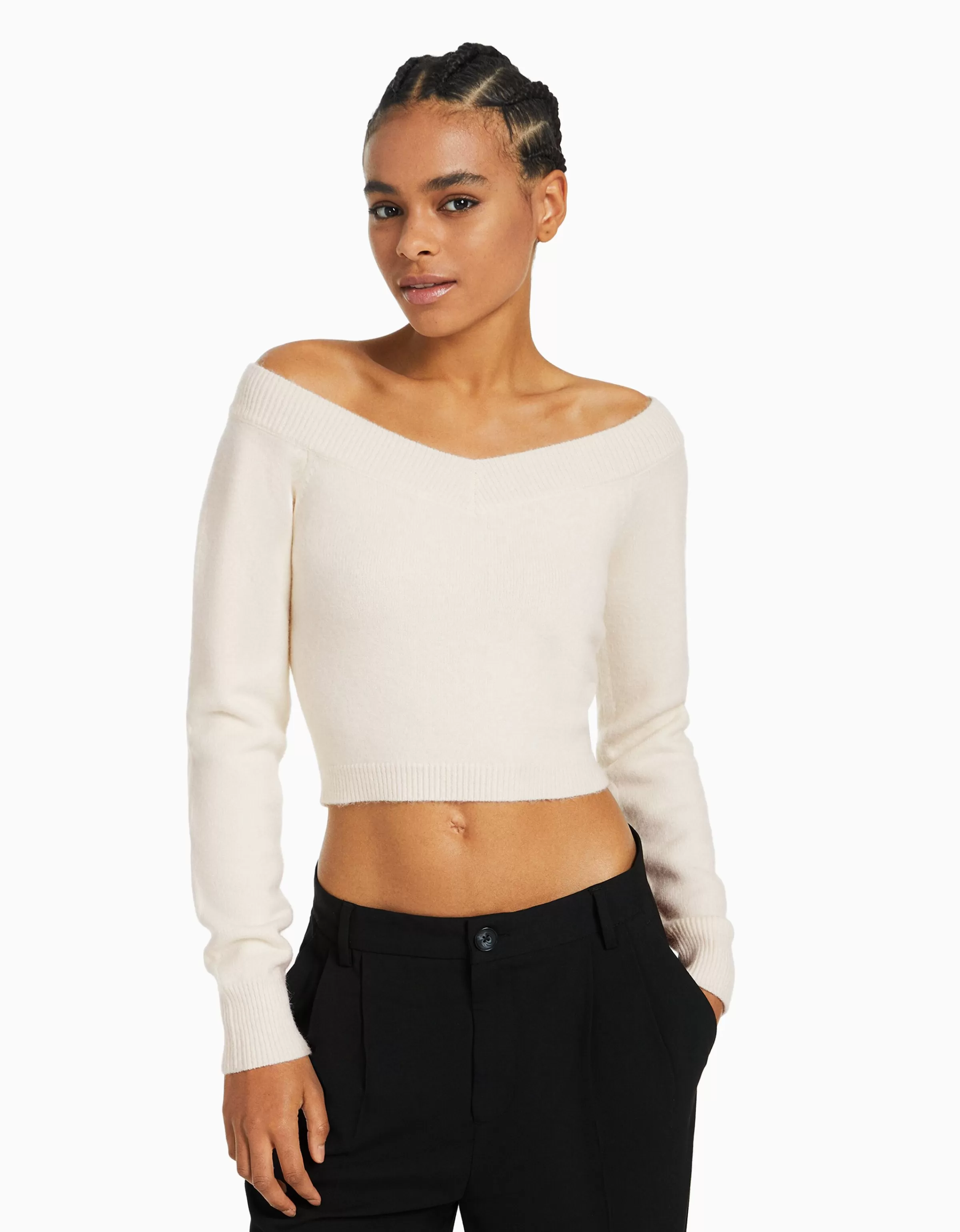 BERSHKA | Felpa Essential con Scollo a V - Maglioncino Corto Grigio Neutro per Stilizzare Look Minimal 

(：，