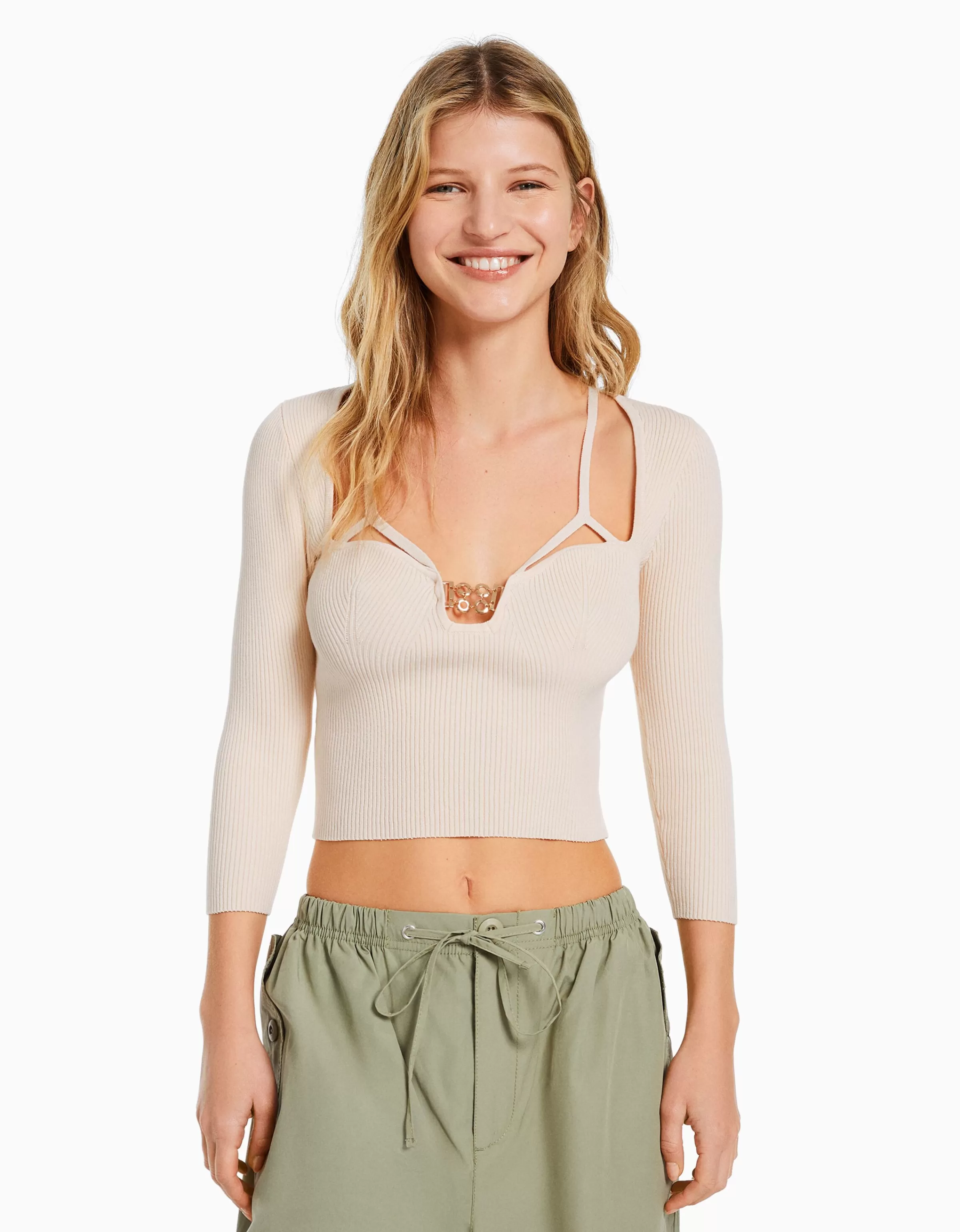 Bershka Top Serale con Scollo V con Cristalli - Sabbia Chiaro per Look Eleganti

(：*，，