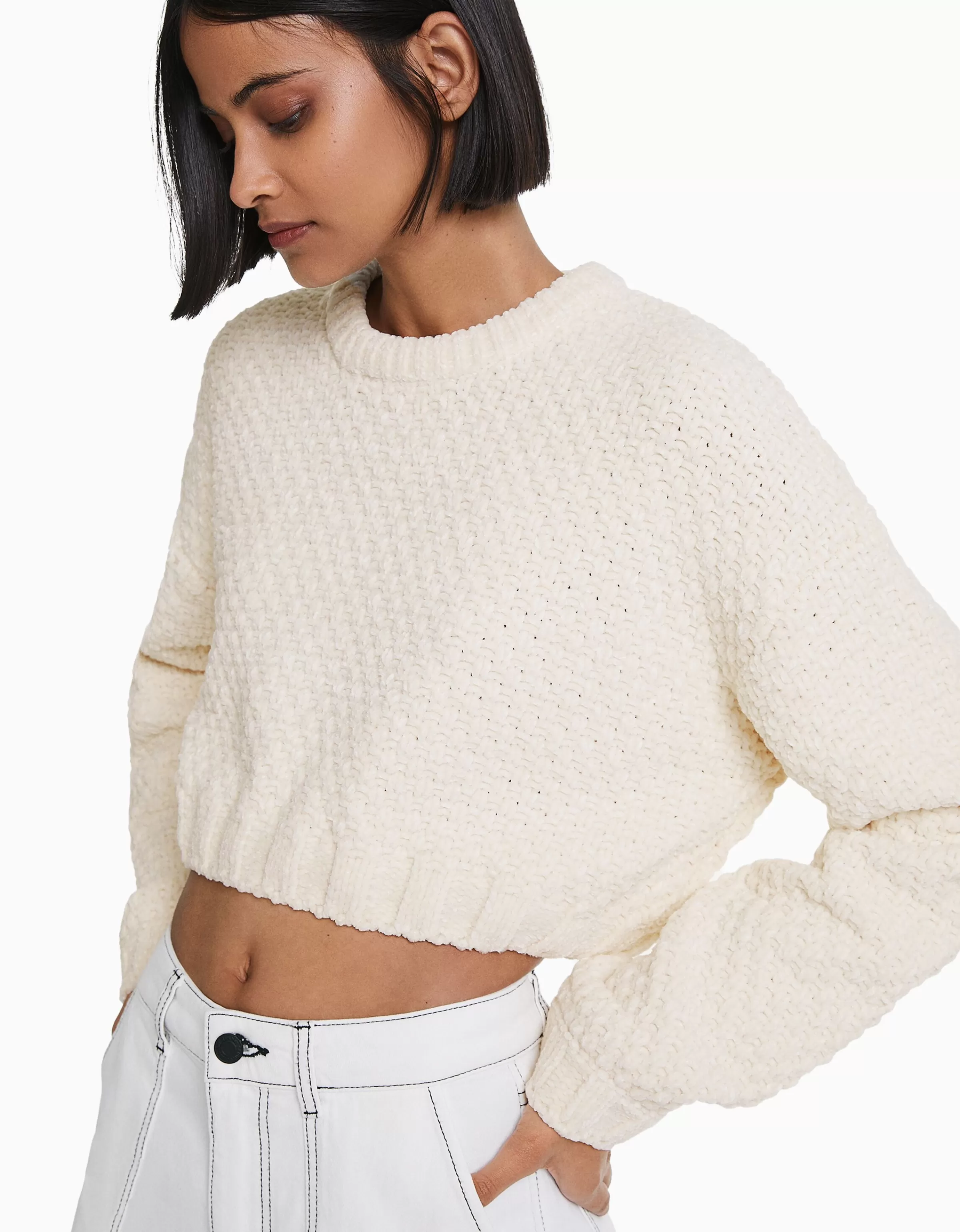 BERSHKA Maglione in maglia morbida con texture effetto bruco - Verde smeraldo per look casual chic 

(：，