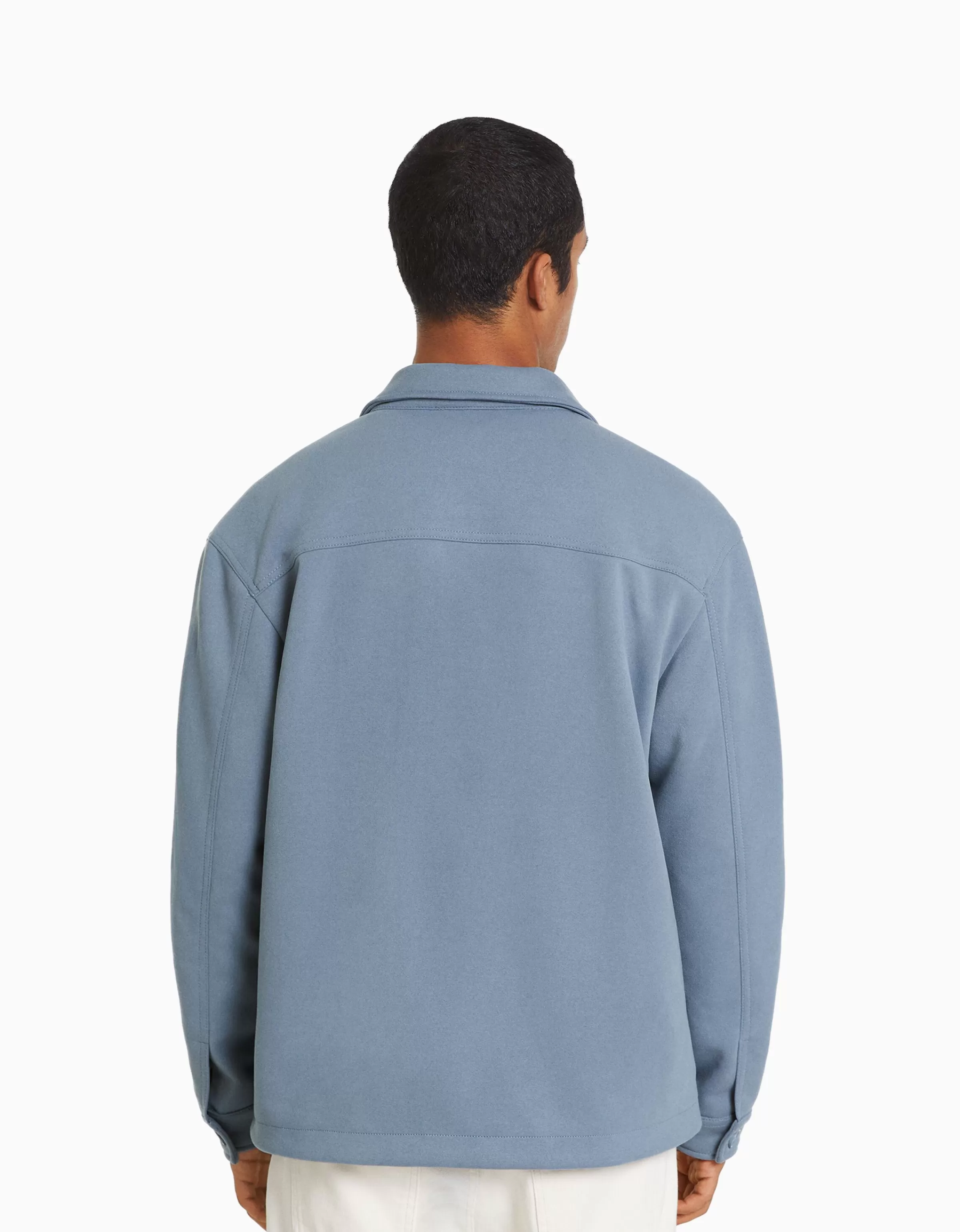 BERSHKA - Giubbotto in Ecopelle Blu Cielo con Taglio Sovracamicia, Stagione Autunno 2023