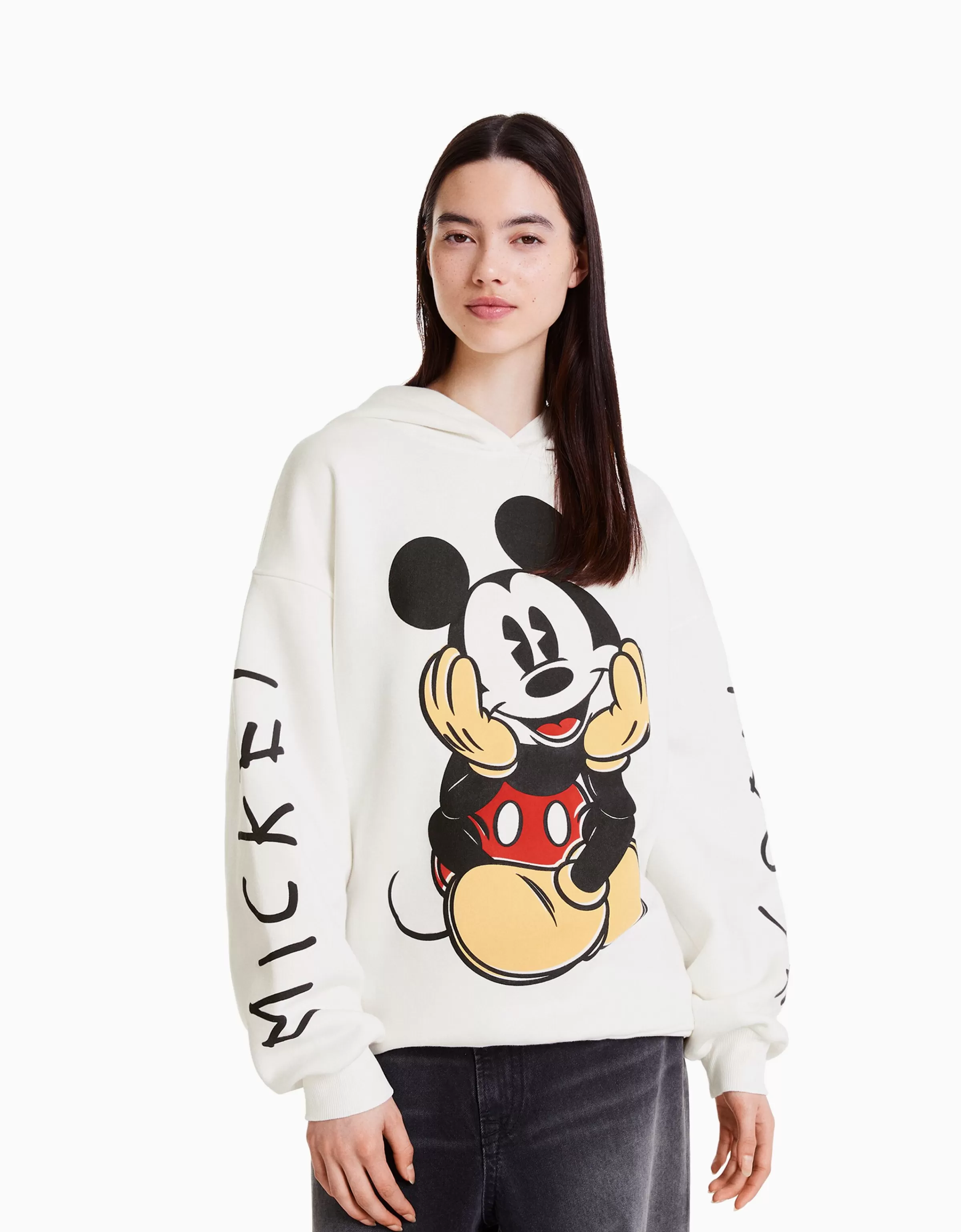 Felpa con cappuccio BERSHKA - Topolino design vintage, colore bianco sbiadito, modello oversize unisex