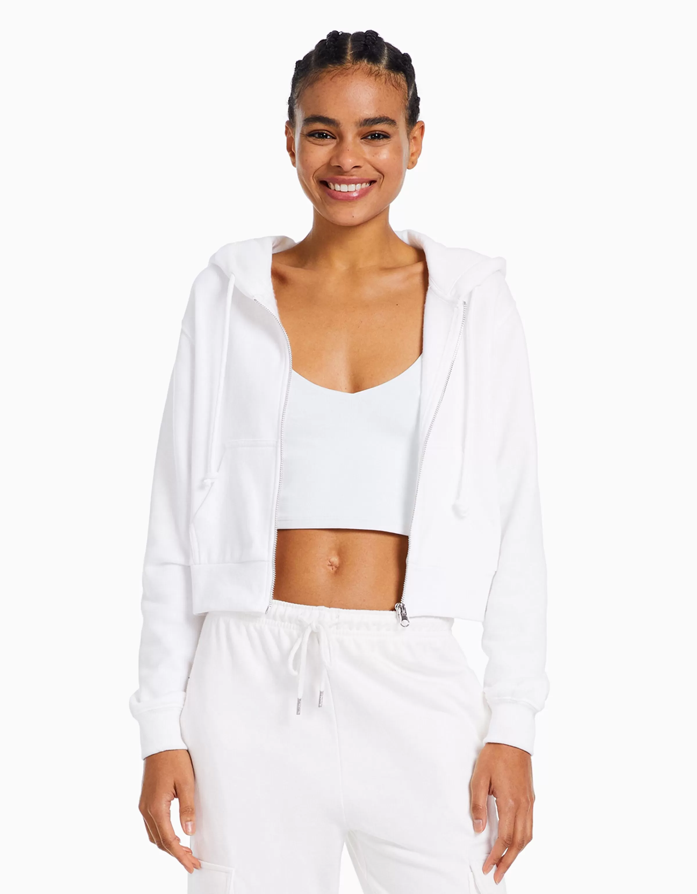 Felpa con cappuccio crop BERSHKA zip frontale - Bianco puro