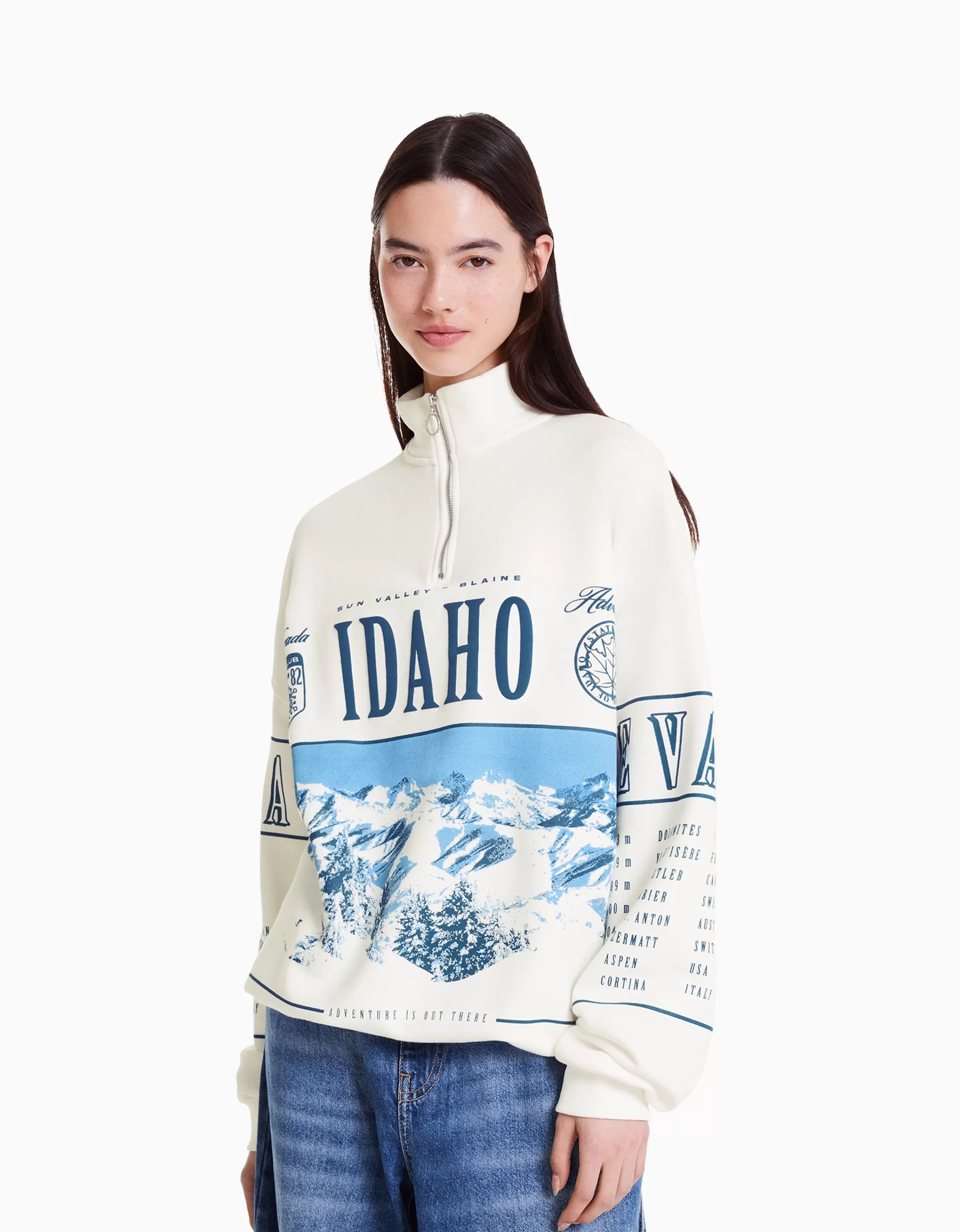 Felpa con cappuccio BSK Teen casual streetwear - Zip frontale, collo alto e stampa grafica in nuance avorio sabbia - Bershka collection giovani
