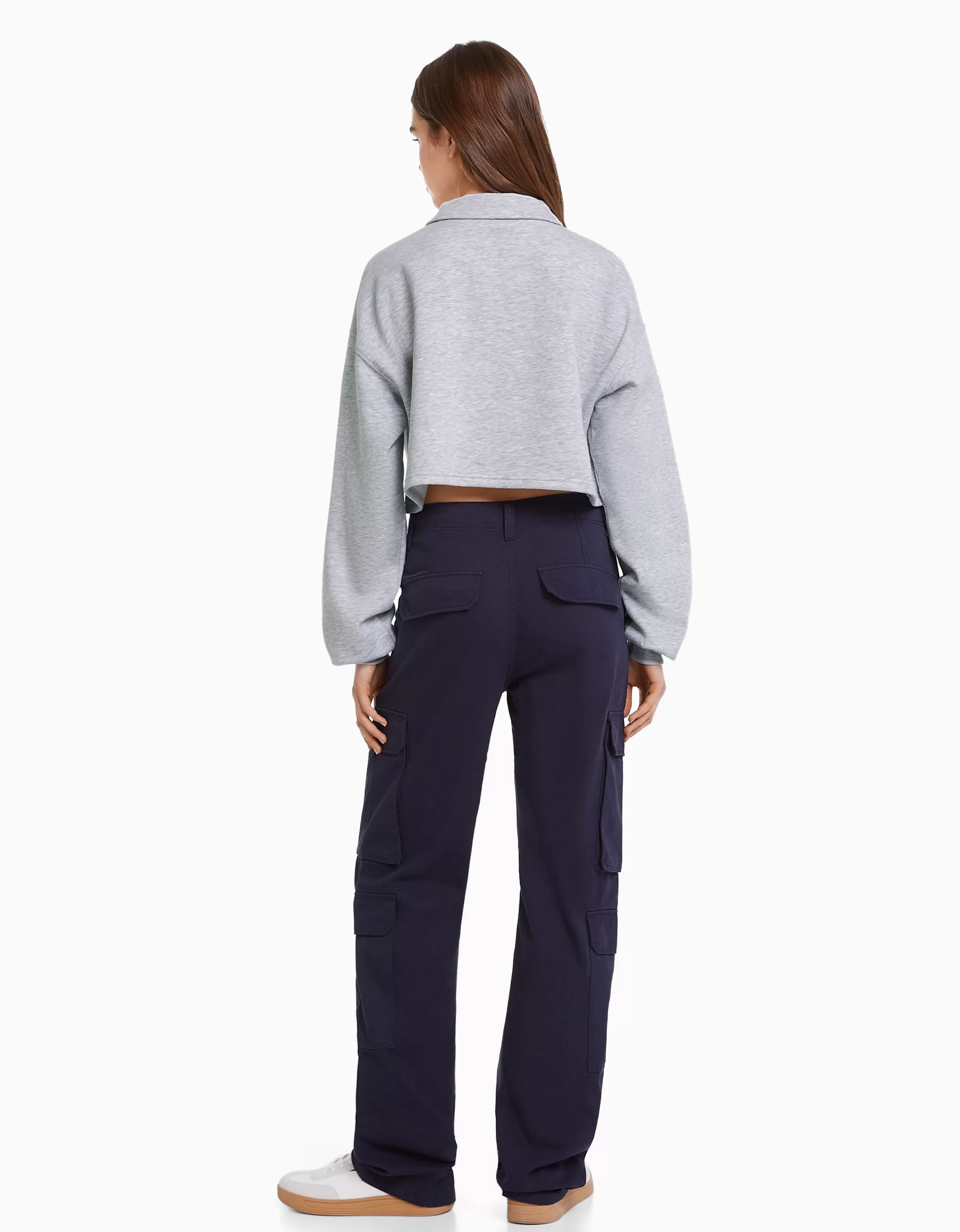 BERSHKA BSK-Teen Felpa Zip Polo con Stampa Grafica Blu Marino