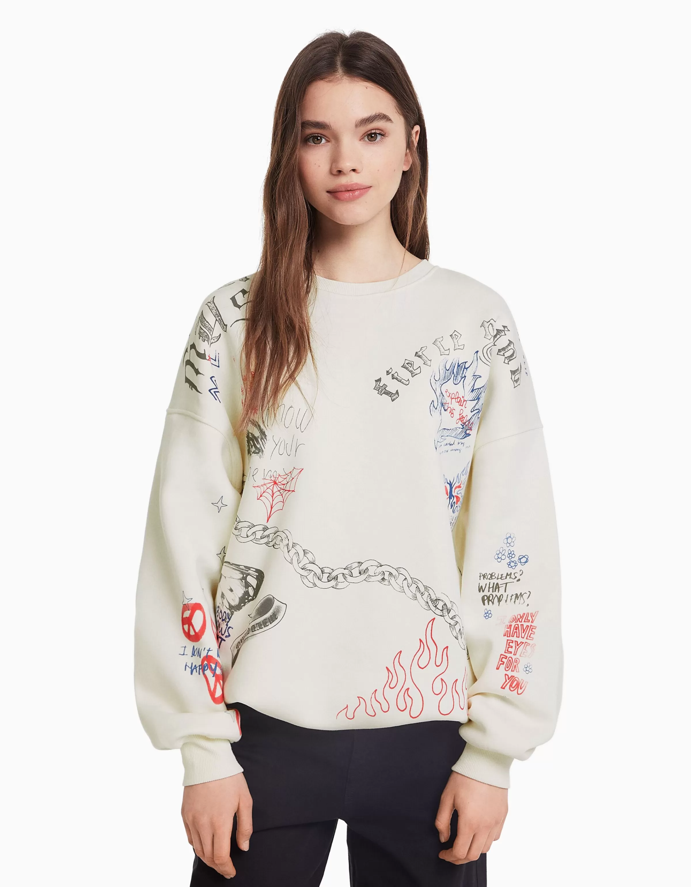 Bershka Felpa Oversize con Stampa Grafica a Collo Rotondo - Beige Naturale per Stile Casual