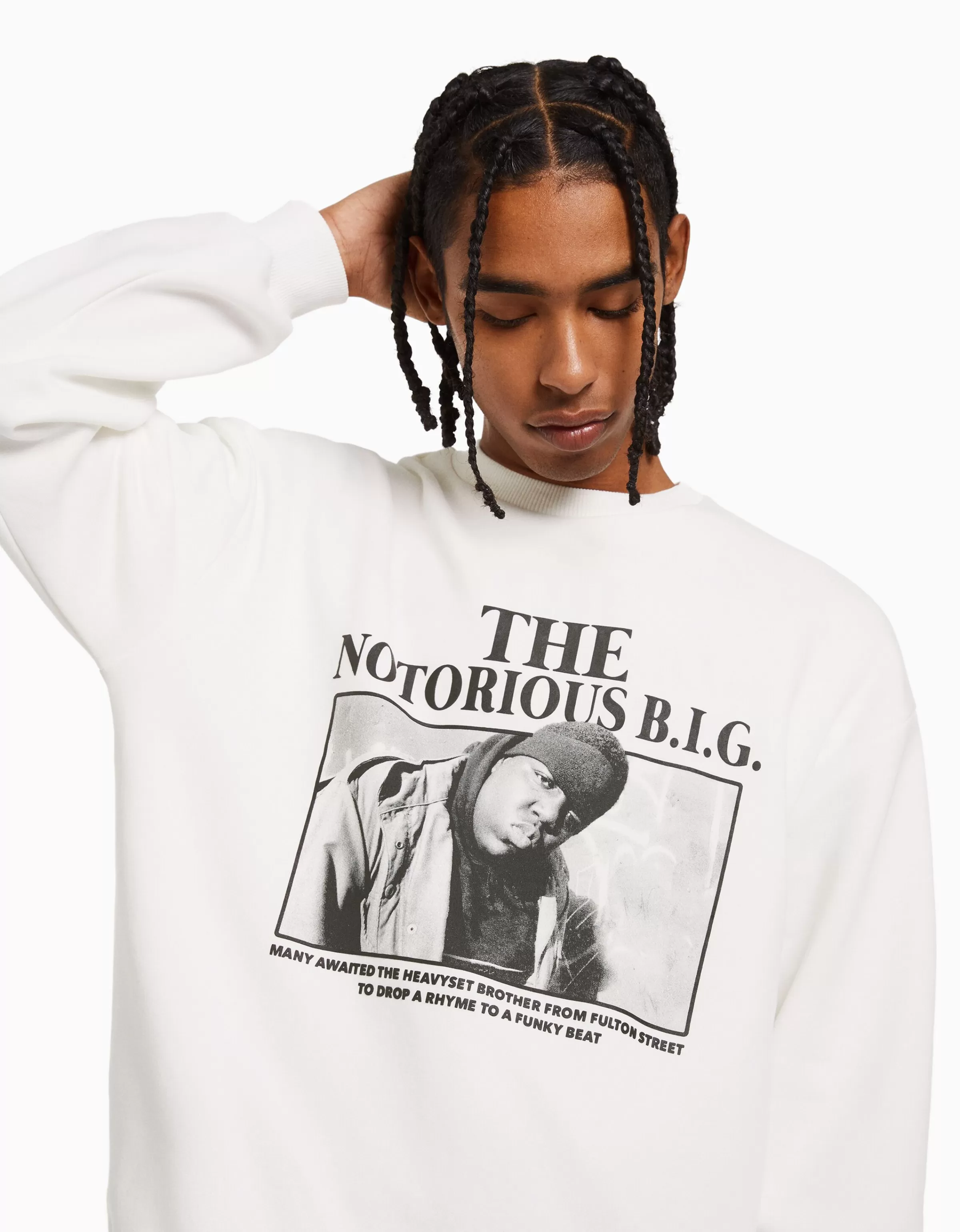 Felpa BERSHKA The Notorious B.I.G. - Stampa Grafica Retro in Cotone Bianco con Cappuccio