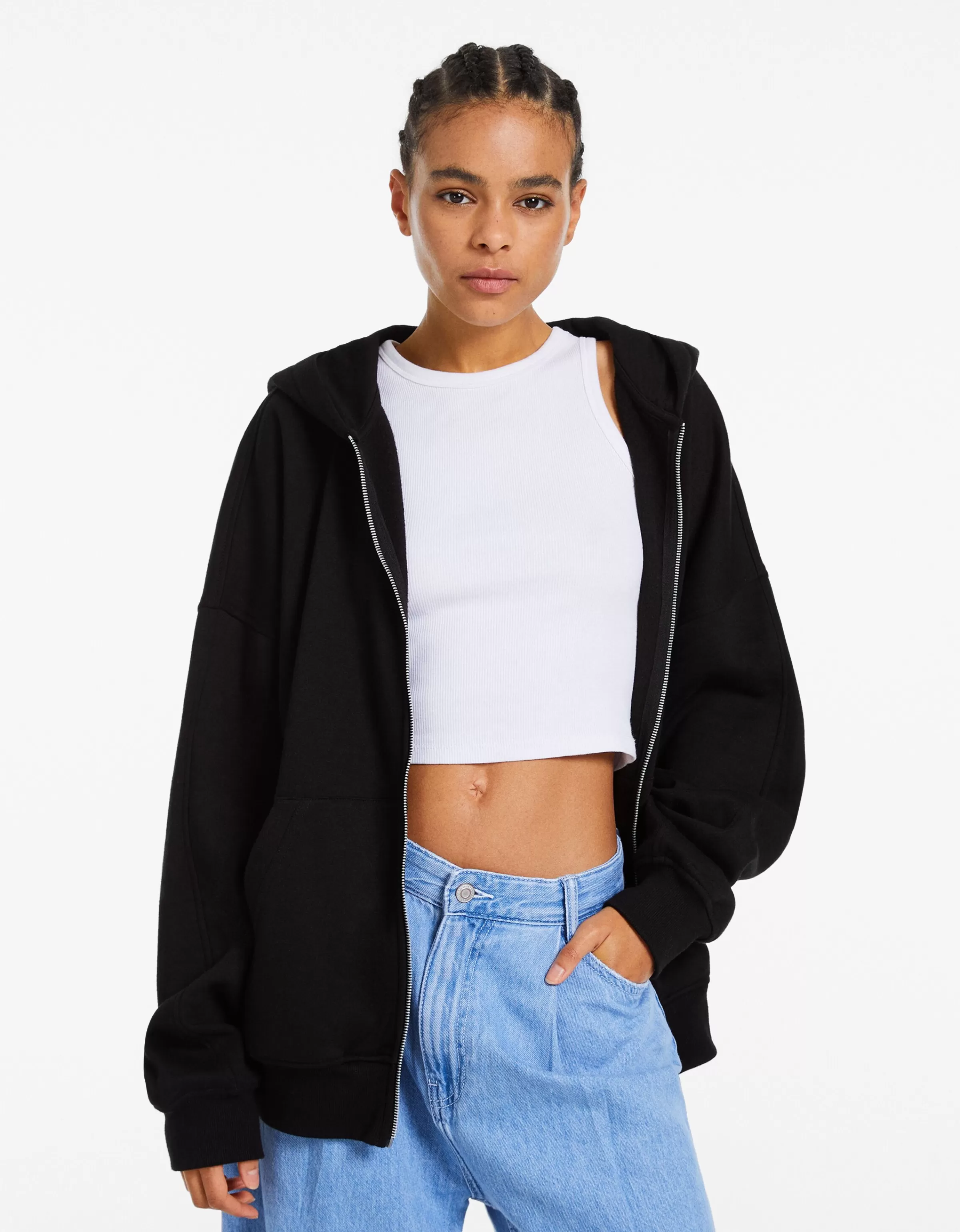 BERSHKA Felpa con Cappuccio Zip - Nero Oversize Comoda, Stile Casual Urbano