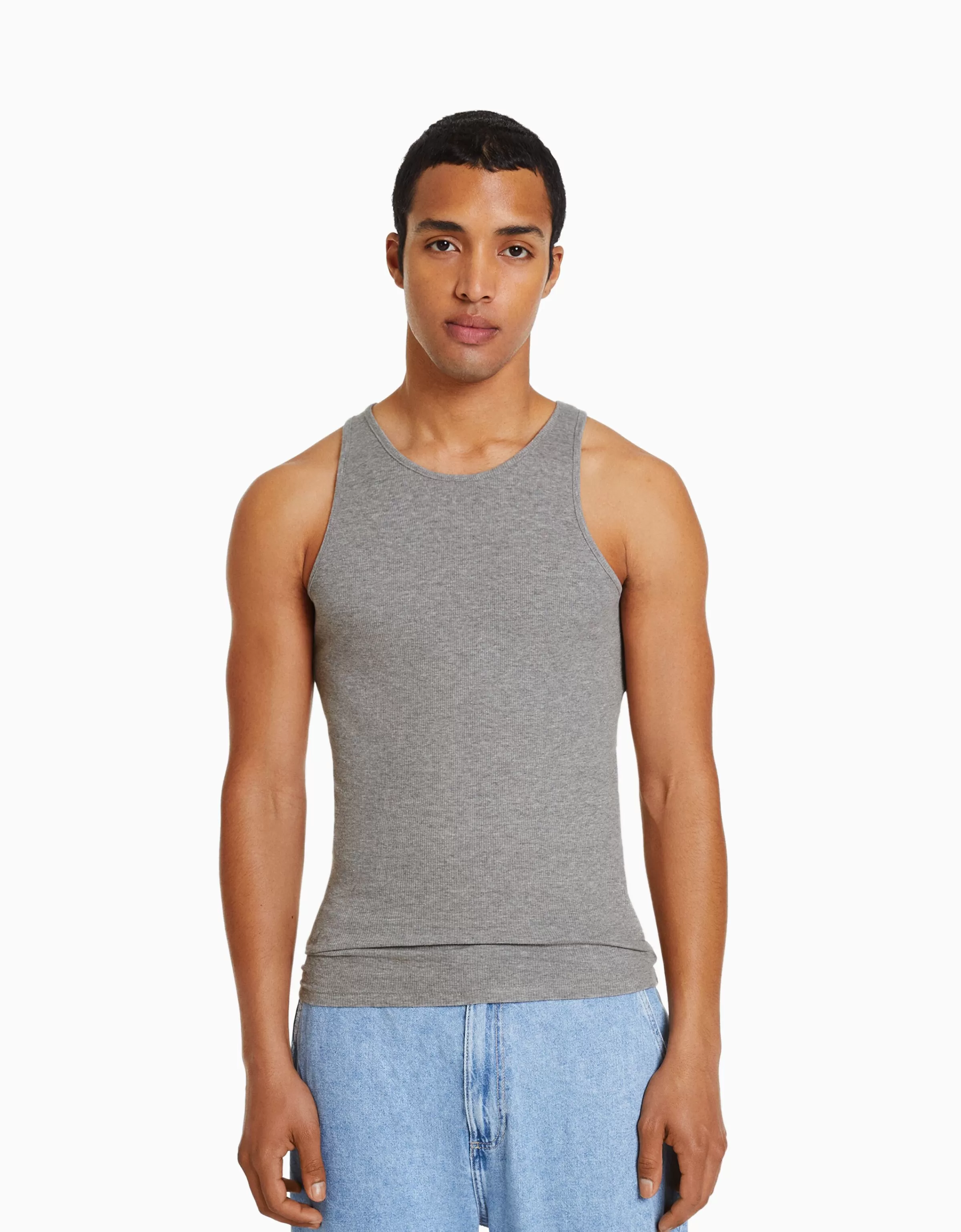BERSHKA | Canotta con bretelli a coste in tessuto morbido - Grigio antracite per look urbani