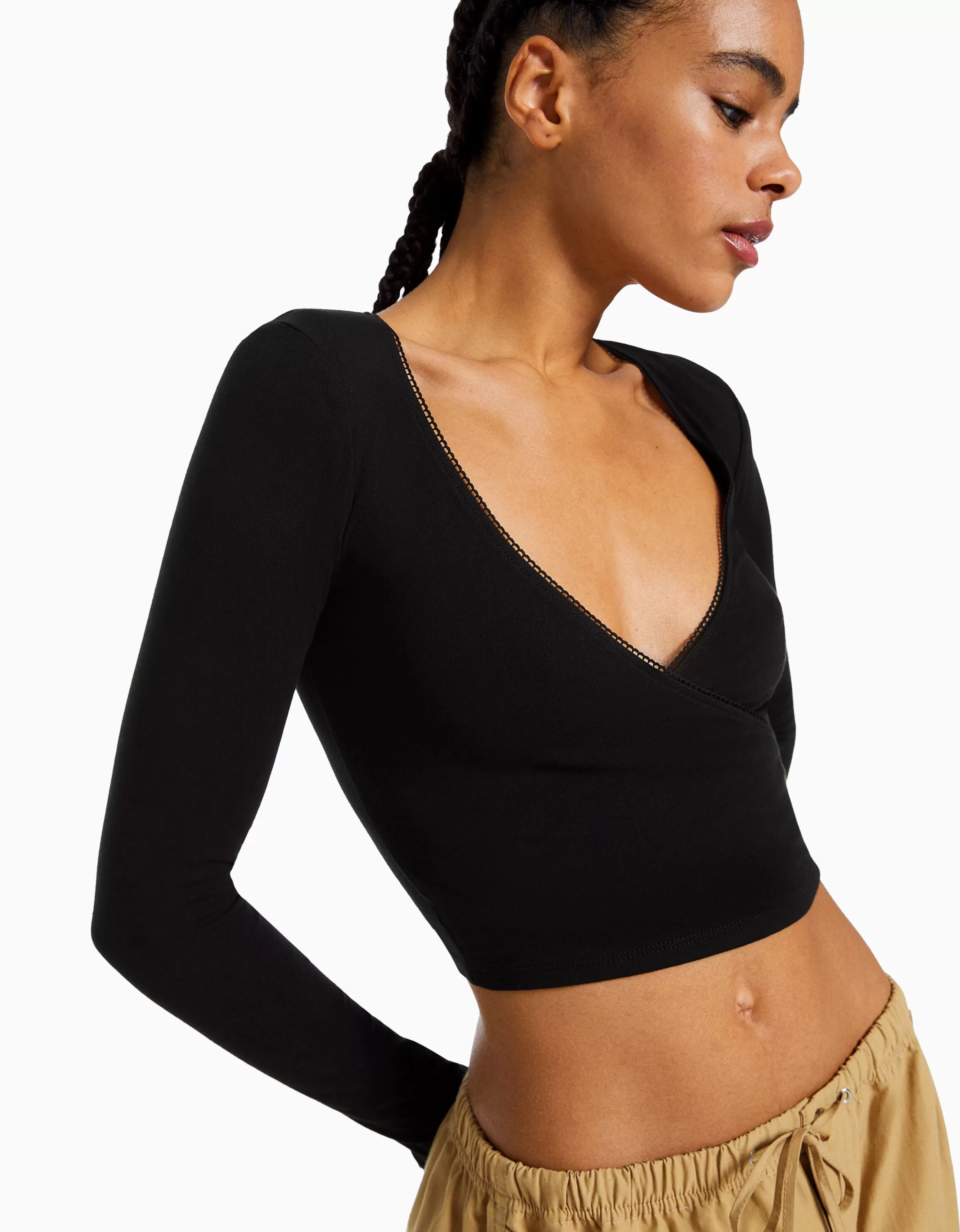 BERSHKA Maglietta Elegante con Scollo Incrociato - Modello Oversized in Tessuto Grigio Morbido