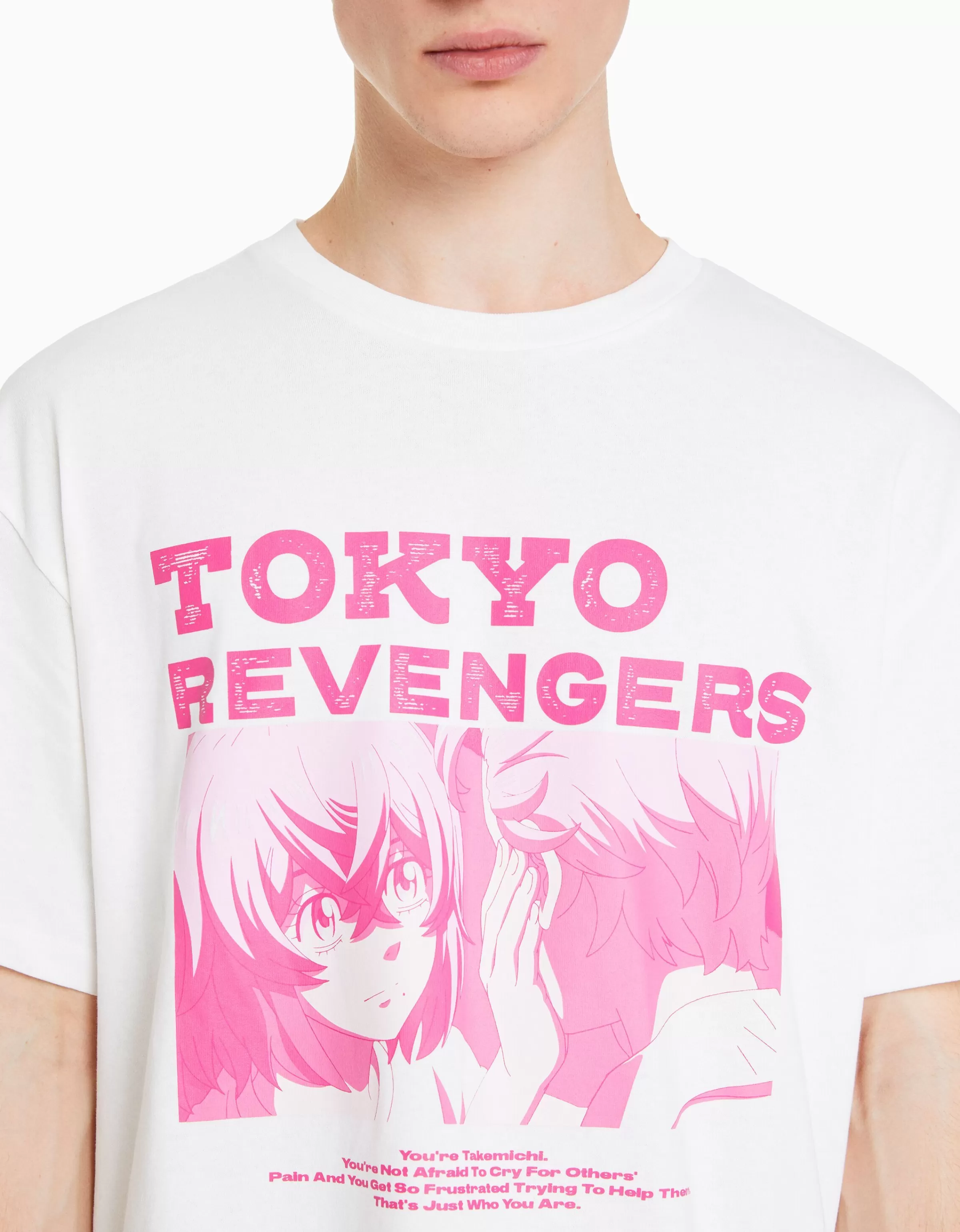 BERSHKA - Maglietta streetwear in cotone con stampa Tokyo Revengers, taglio boxy e maniche corte - Bianco