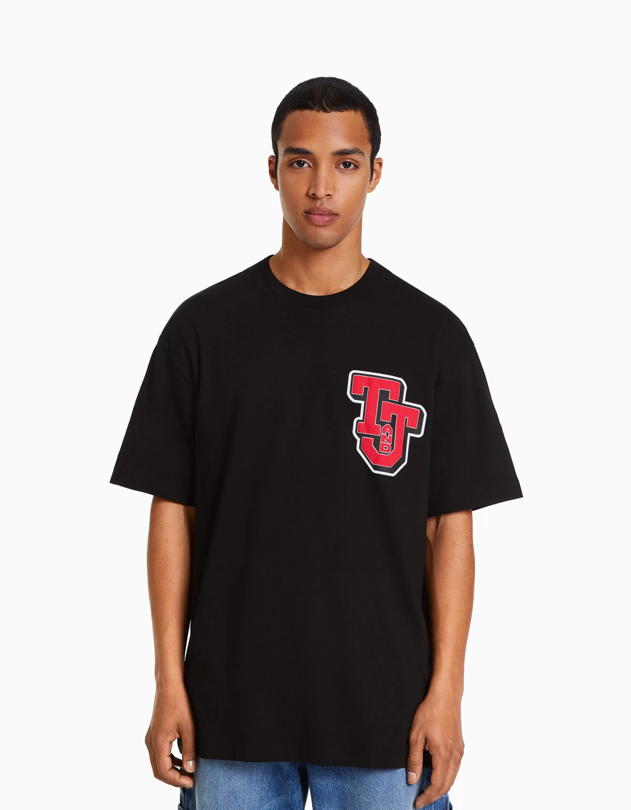 BERSHKA X Tom & Jerry - Maglietta Oversize a Maniche Corte con Stampa Contrastata in Nero