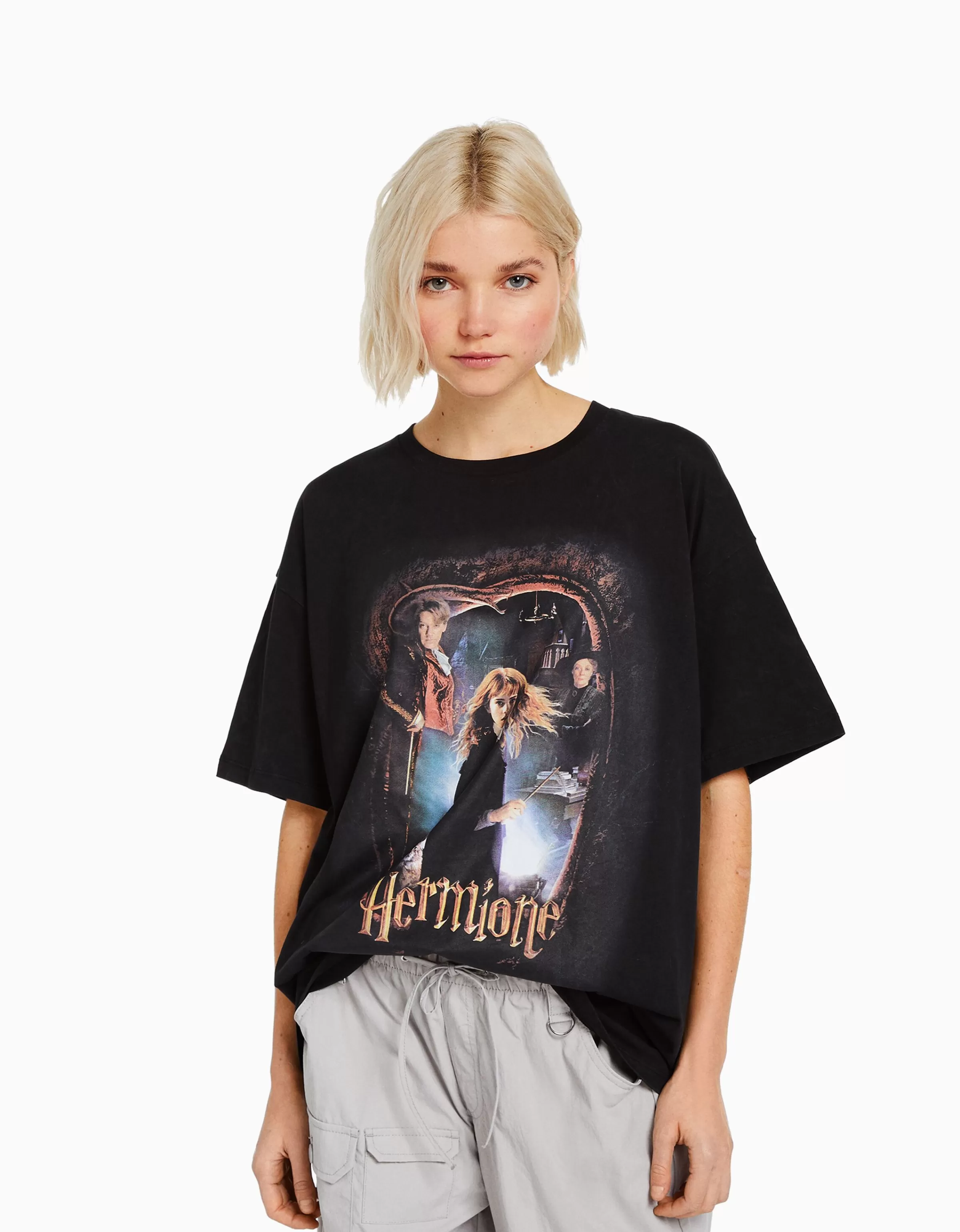 BERSHKA Maglietta Grafica Harry Potter - Nero Classico a Maniche Corte Unisex