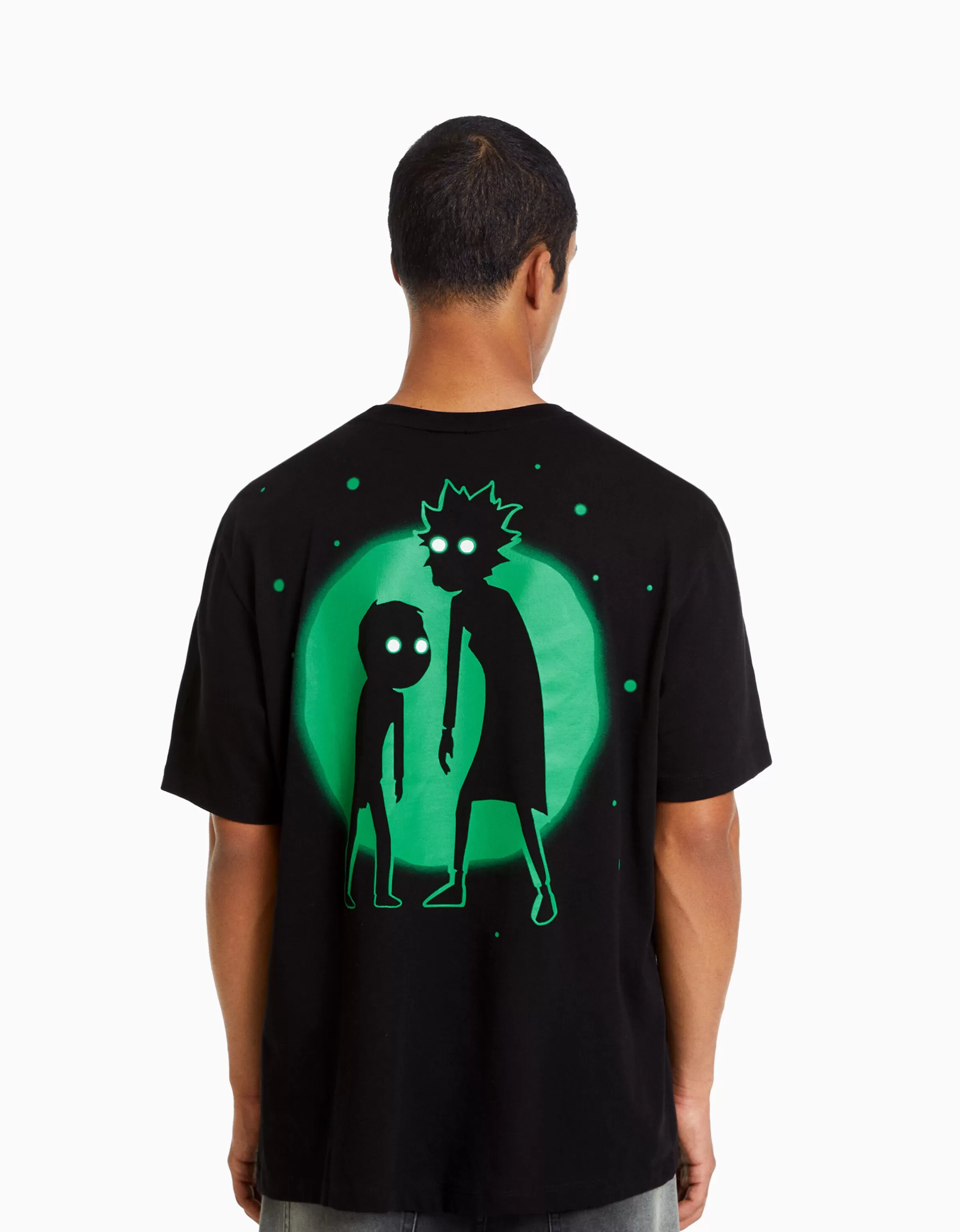 Maglietta casual BERSHKA con stampa Rick e Morty - maniche corte taglio regular, nero unisex