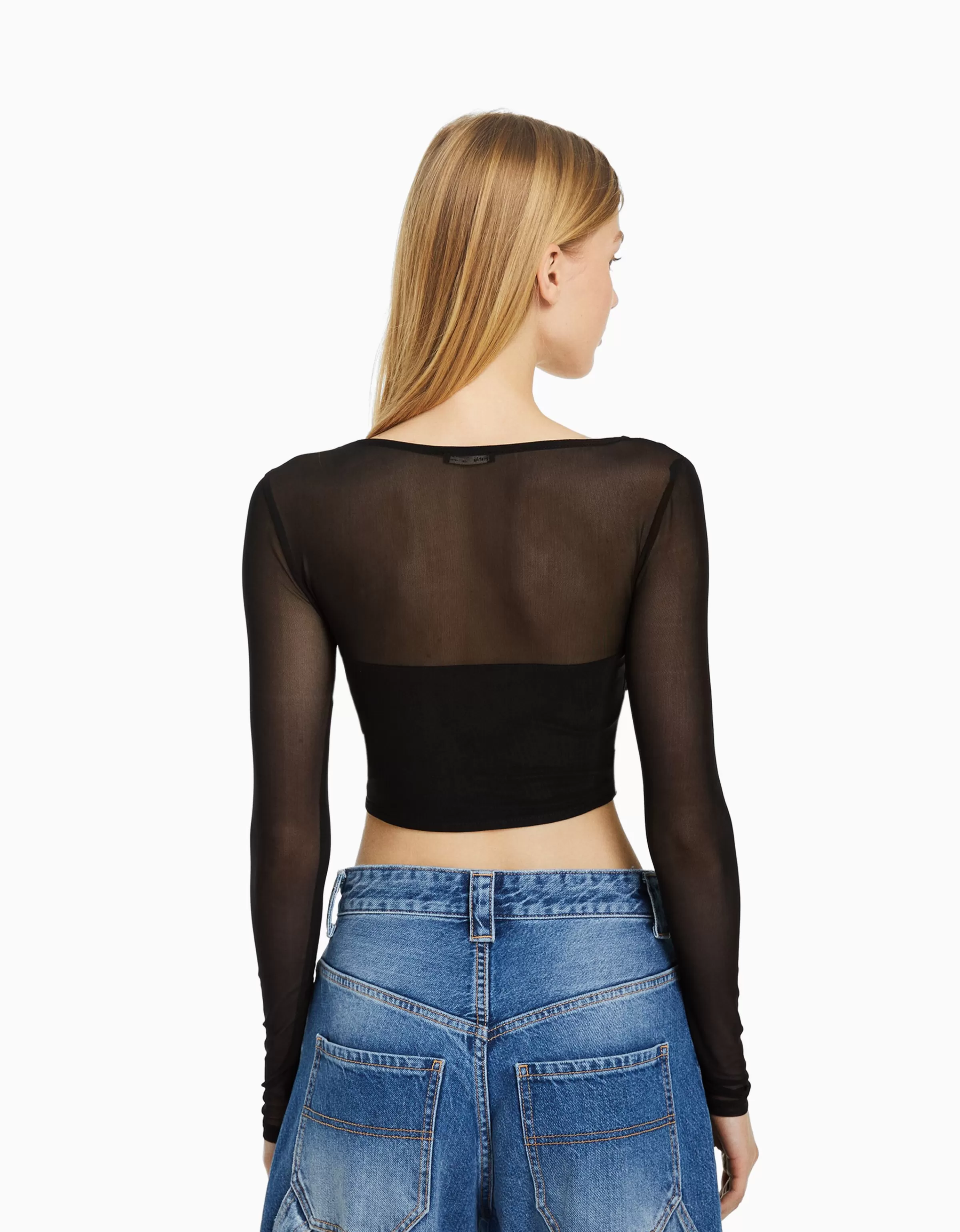 BERSHKA Maglietta Maniche Lunghe con Corsetto e Inserti in Tulle Nero