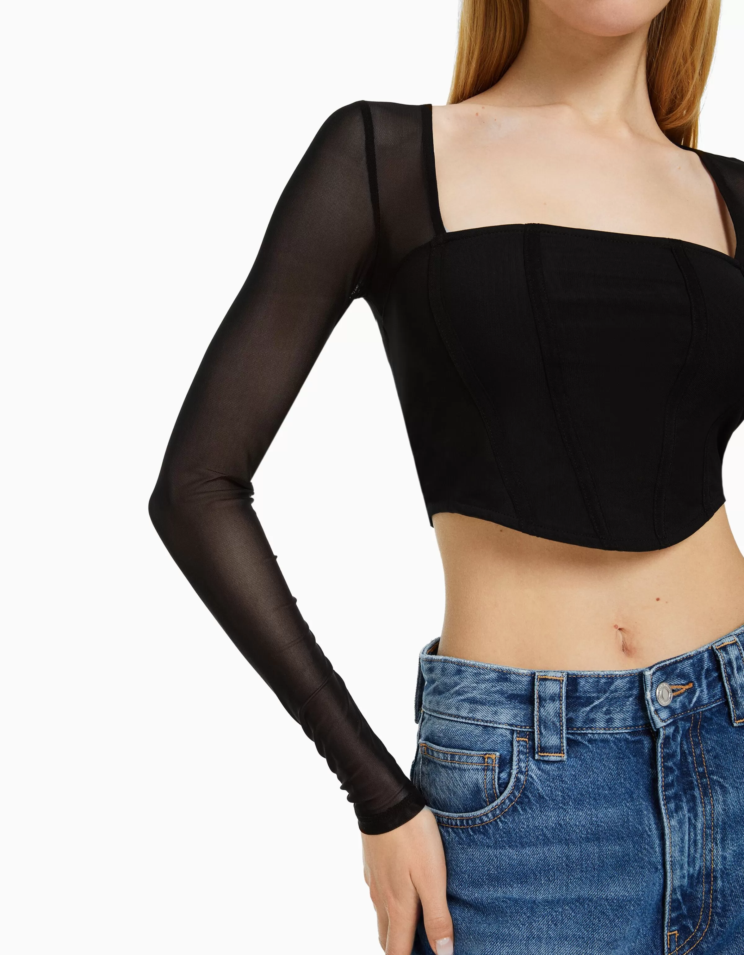 BERSHKA Maglietta Maniche Lunghe con Corsetto e Inserti in Tulle Nero