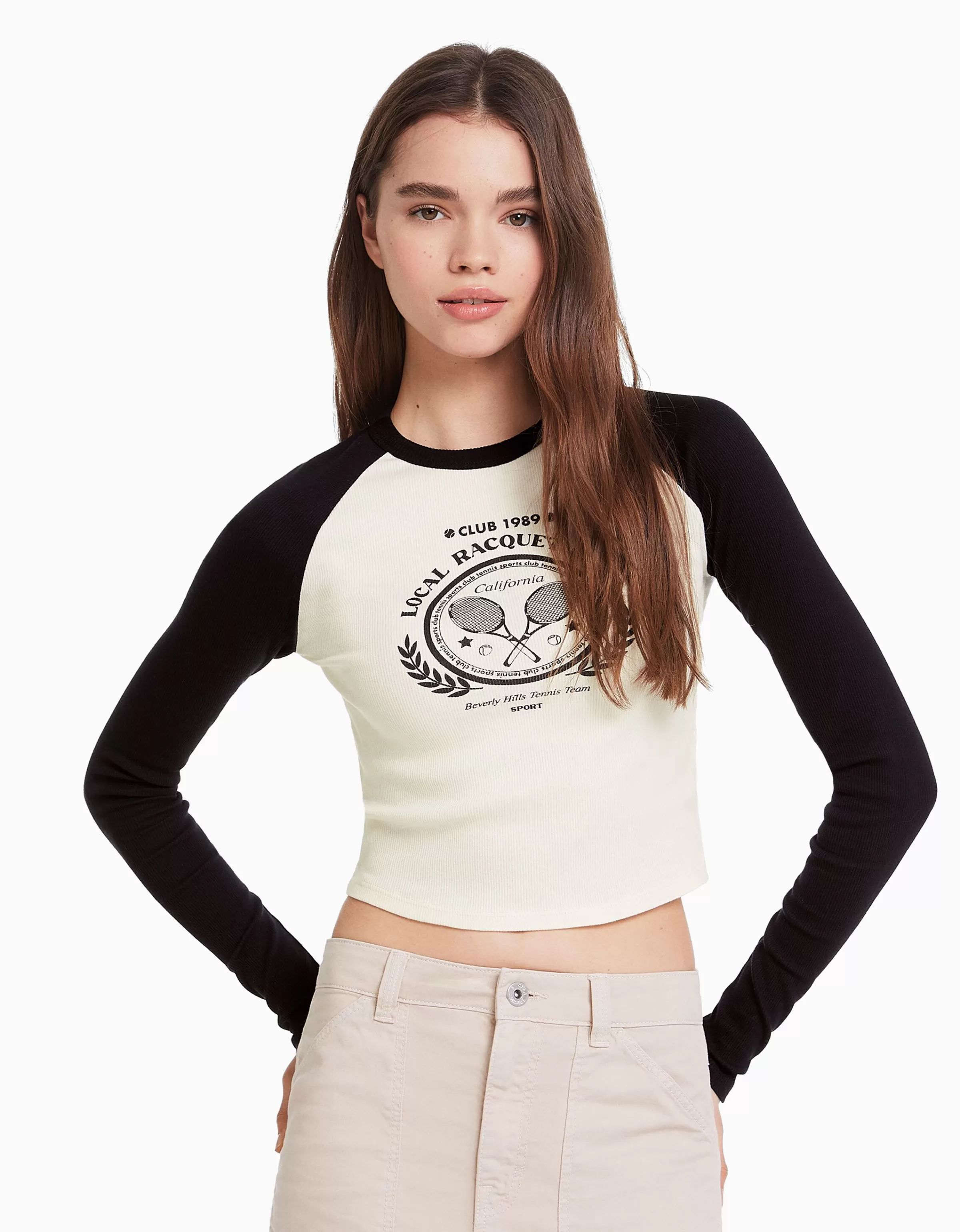 BERSHKA Maglietta Uomo Confezione Morbida - Modello Raglan a Maniche Lunghe in Contrasto Bianco/Nero