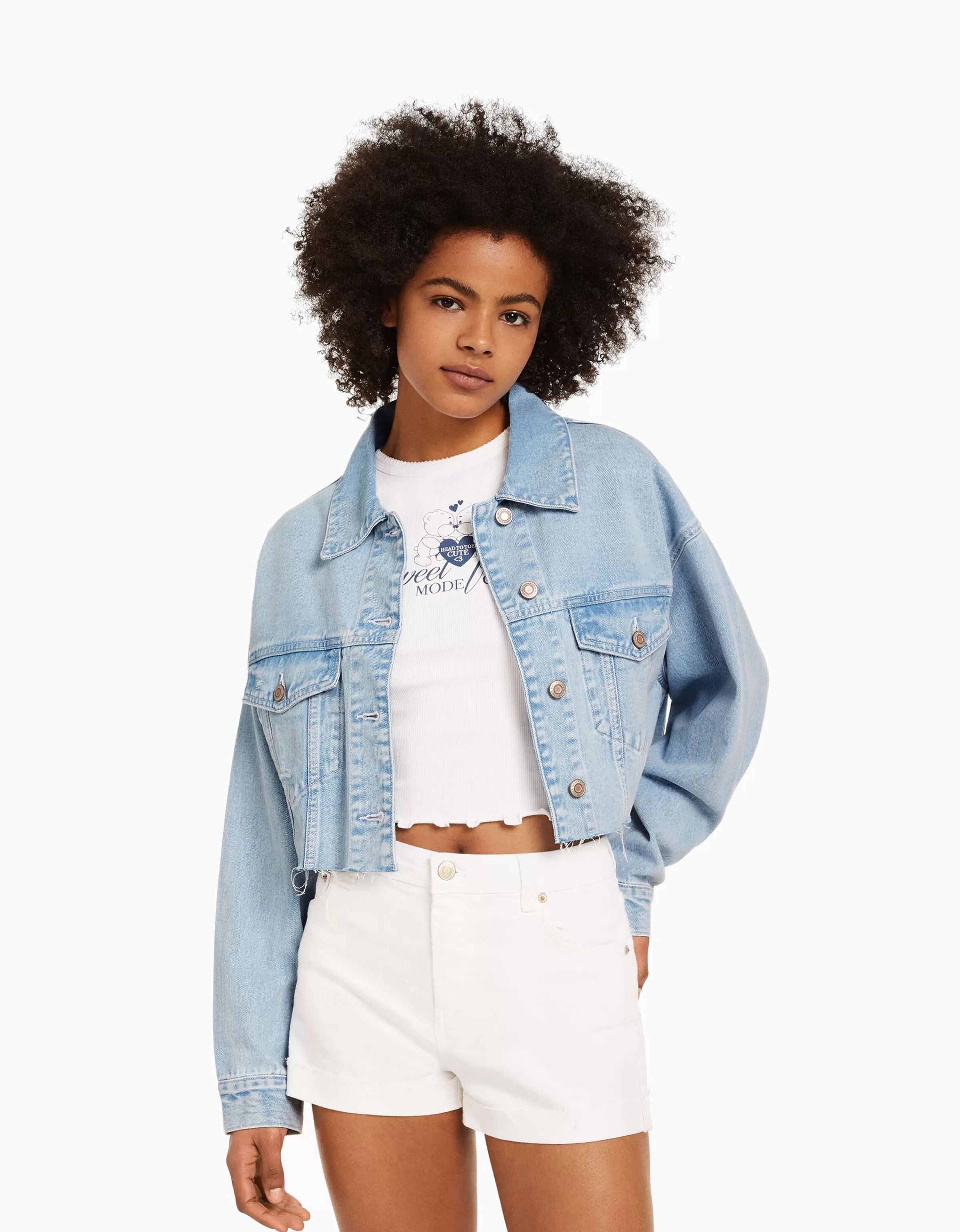 Giubbotto Denim Cortissimo Bershka - Tinta Azzurro Chiaro, Design Leggero e Versatile
