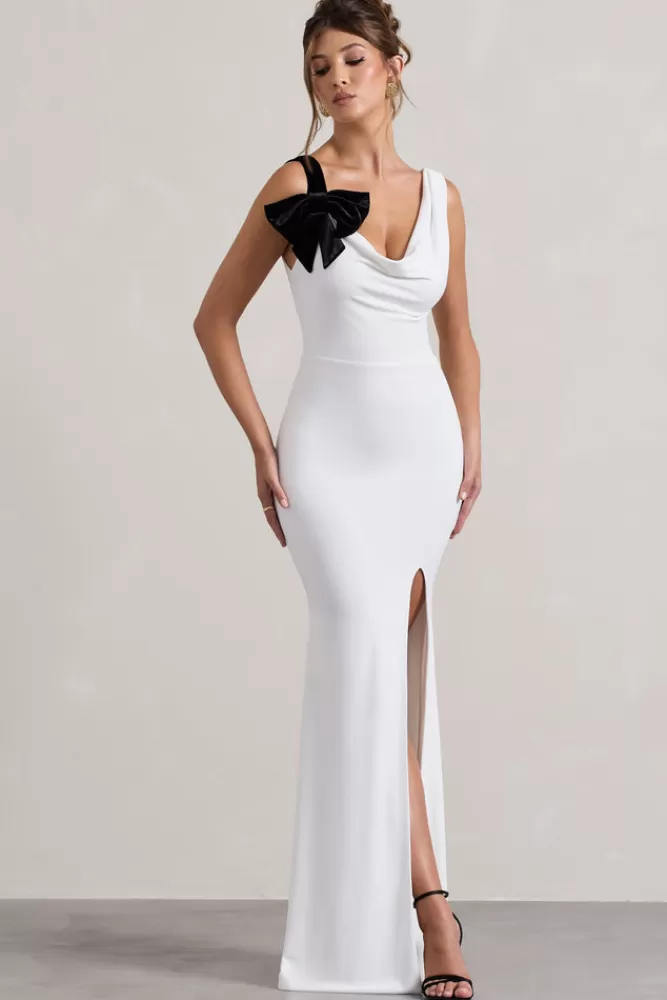 Club L London | Abito Elegante in Bianco e Nero con Scollo a Cappuccio e Spacco a Code, Dettaglio Fiocco - Offerta Limitata