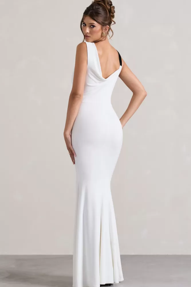 Club L London | Abito Elegante in Bianco e Nero con Scollo a Cappuccio e Spacco a Code, Dettaglio Fiocco - Offerta Limitata