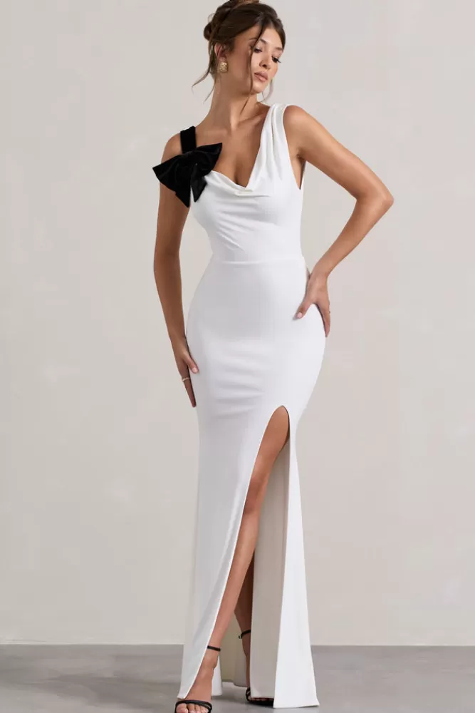 Club L London | Abito Elegante in Bianco e Nero con Scollo a Cappuccio e Spacco a Code, Dettaglio Fiocco - Offerta Limitata