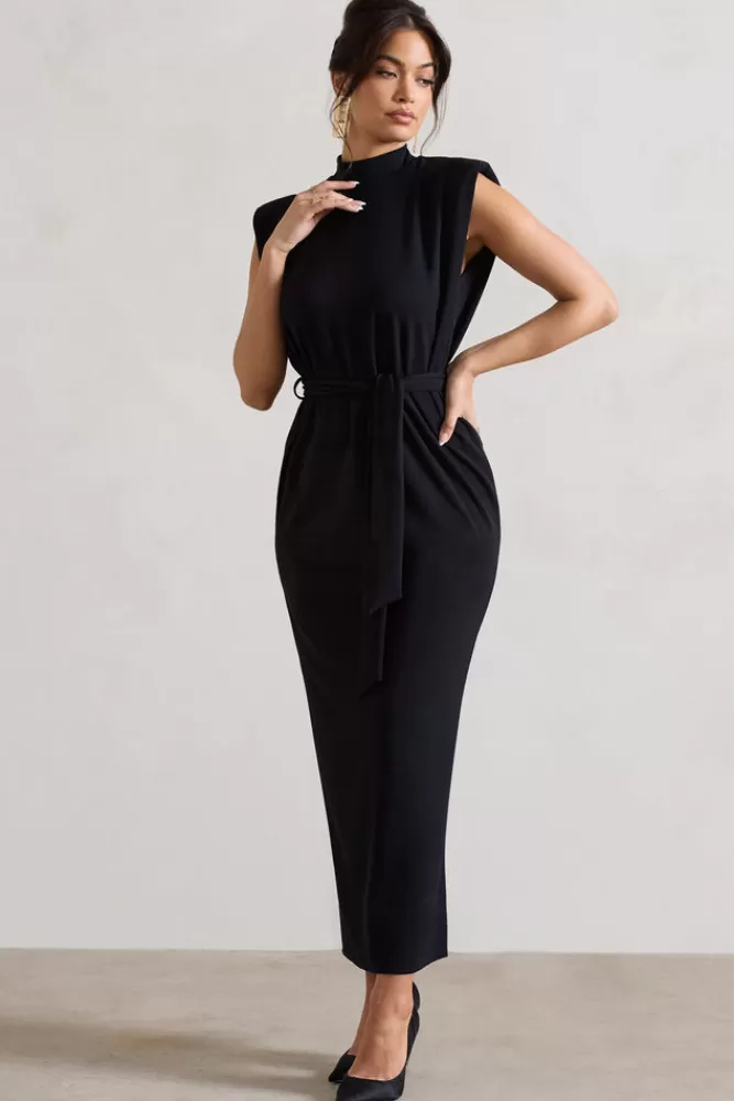 Abito Elegante Collo Alto Club L - Nero Classico con Cintura in Vita e Fiocco | Promozione Imperdibile Abiti Lunghi Da Sera