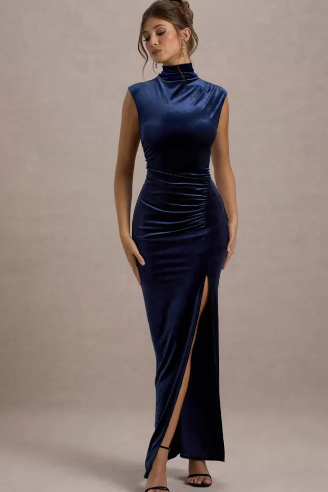 Elegante Vestito Lungo in Velluto con Spacco e Collo Alto - Modello Abilene di Club L London, Blu Notte a Prezzo Speciale